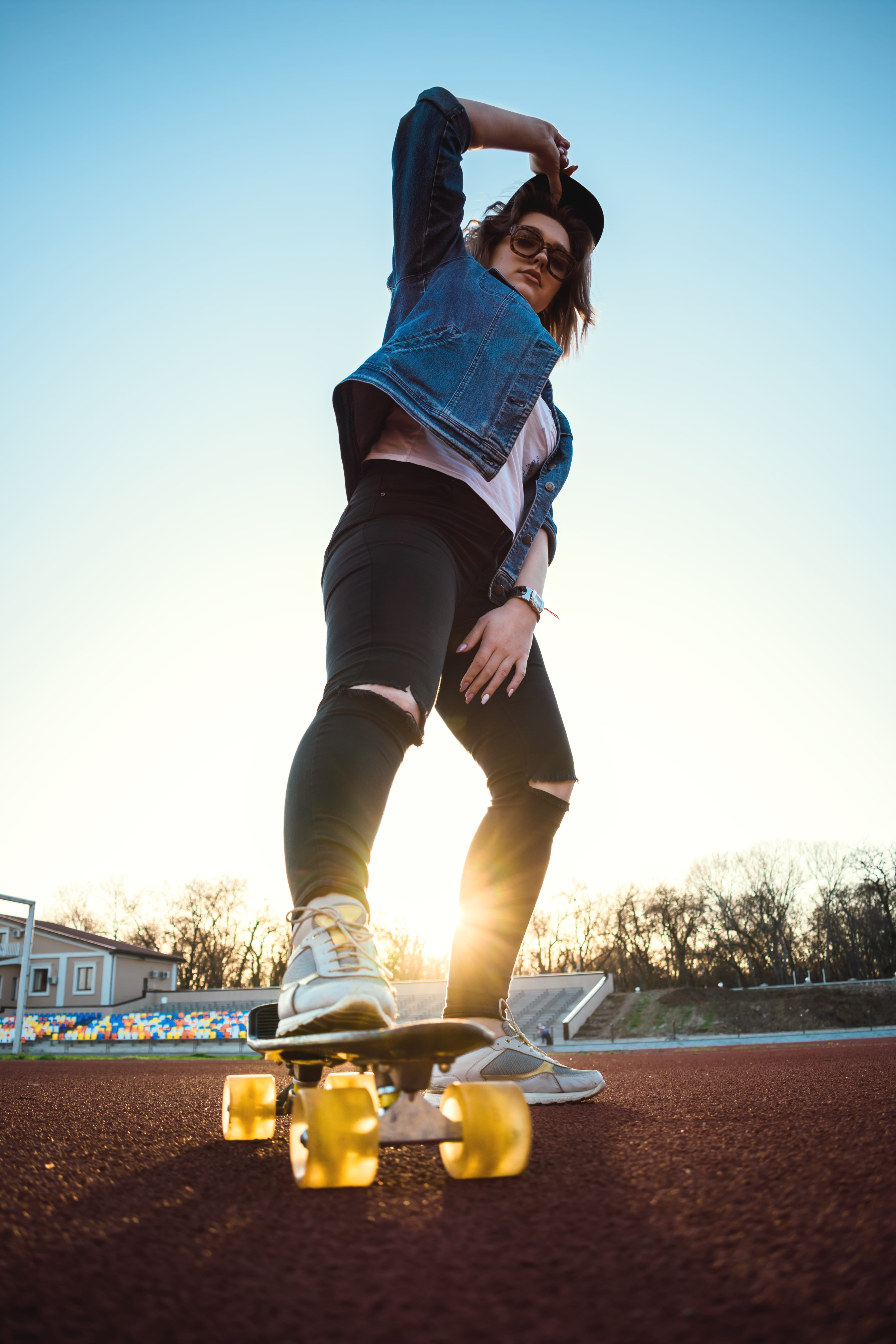 sport, shoe, woman, beautiful, stepping, leisure activity, angle, low angle, day, unique, glasess, riding, jeans black, teenager, lifestyles, female, denim, Phone HD Wallpaper