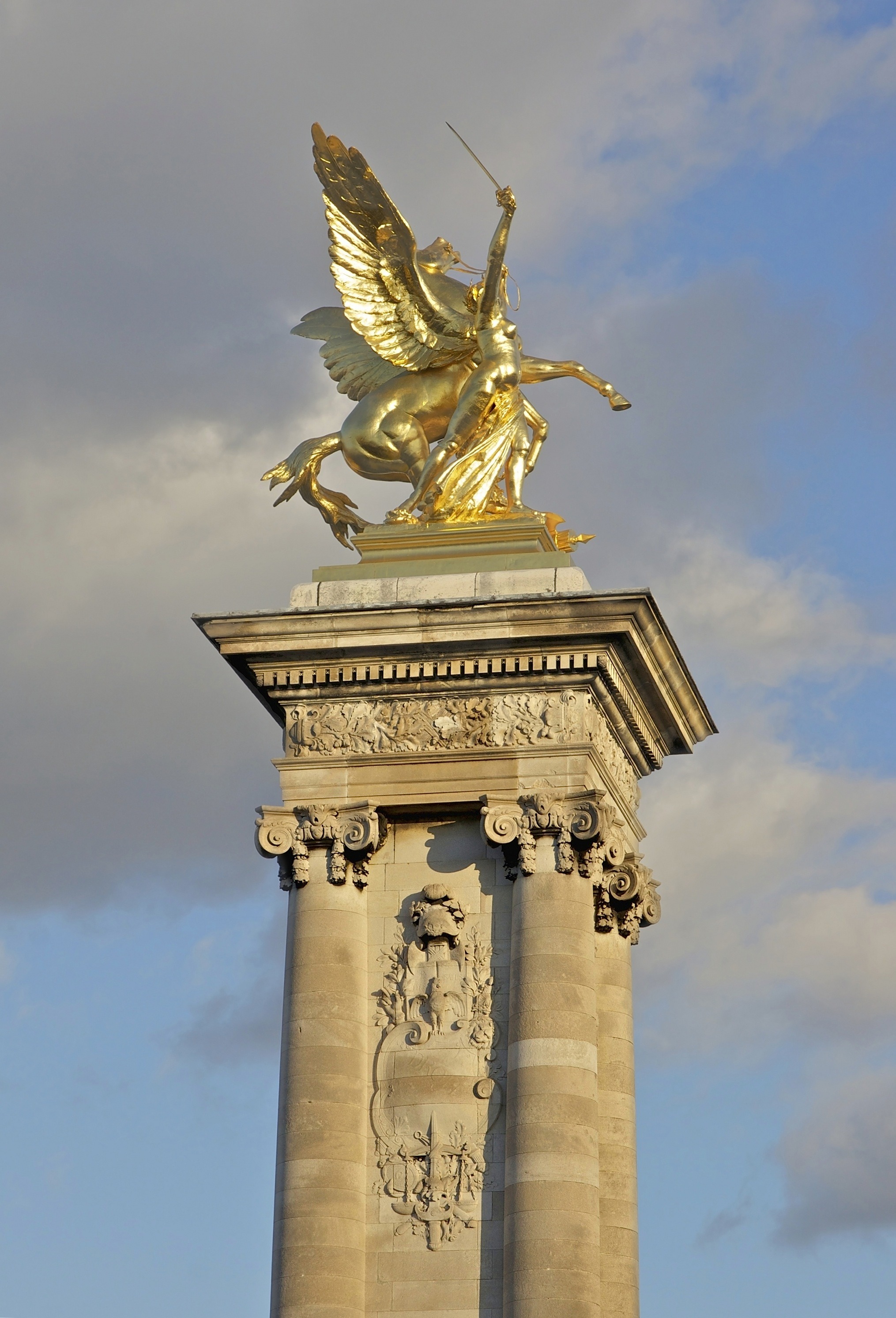 paris, statue, ornate, beautiful, outdoors, tourism, representation, gold colored, sculpture, sky, artistic, cloud - sky, travel destinations, craft, built structure, Phone HD Wallpaper