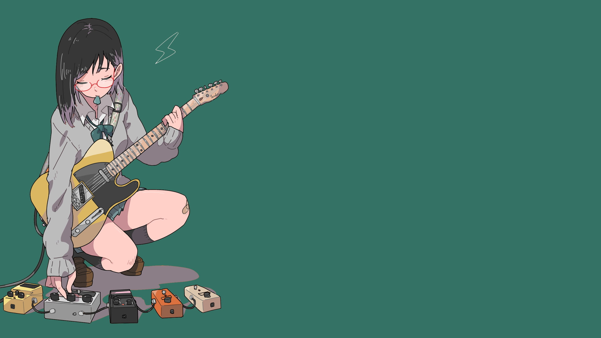 1080P, anime girls, electric guitar, women with glasses, minimalism, HD Wallpaper