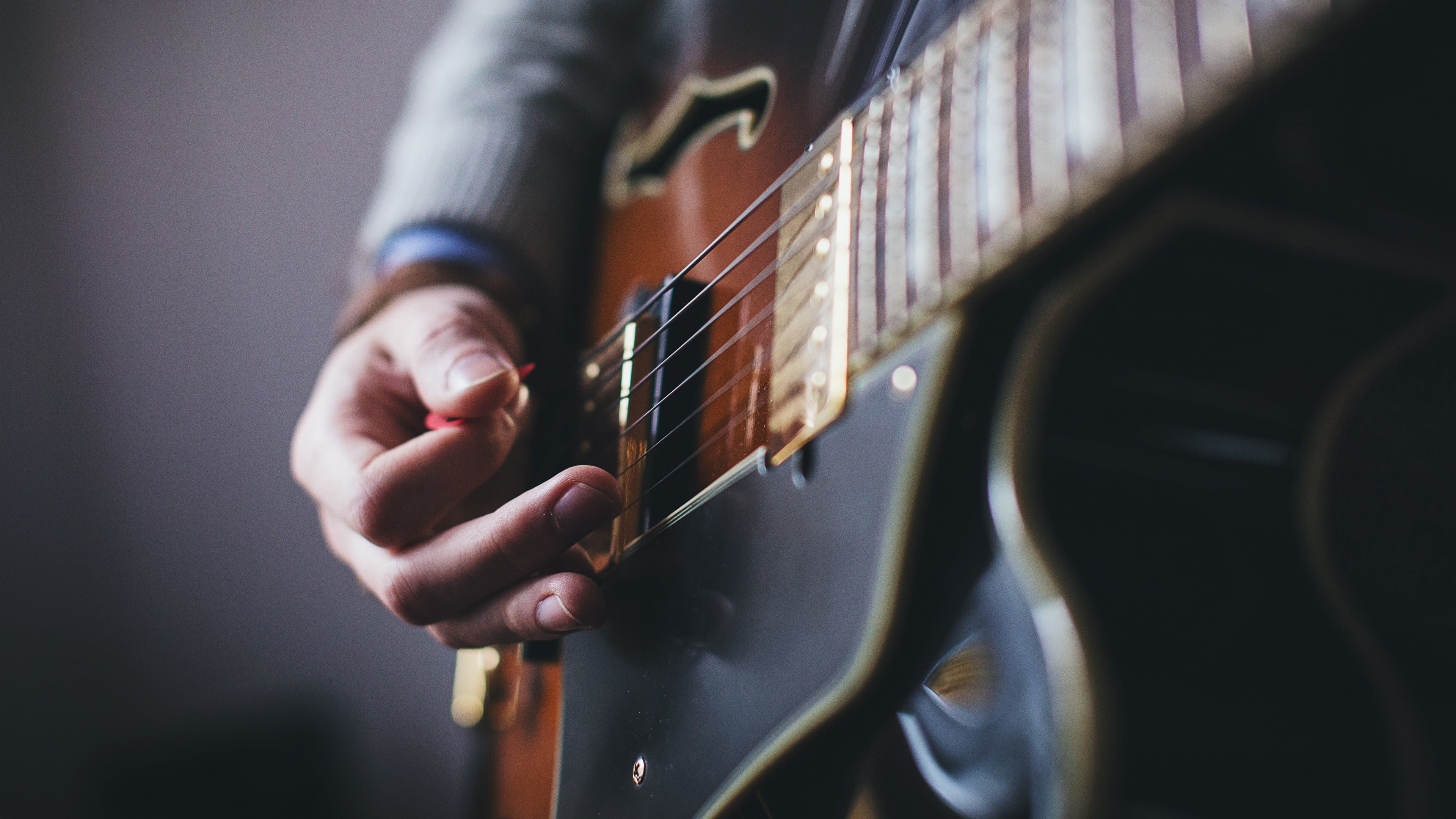 hand, string instrument, performance, artist, 4K, human body part, finger, guitar, guitarist, electric guitar, musical instrument, red, human hand, music, HD Wallpaper