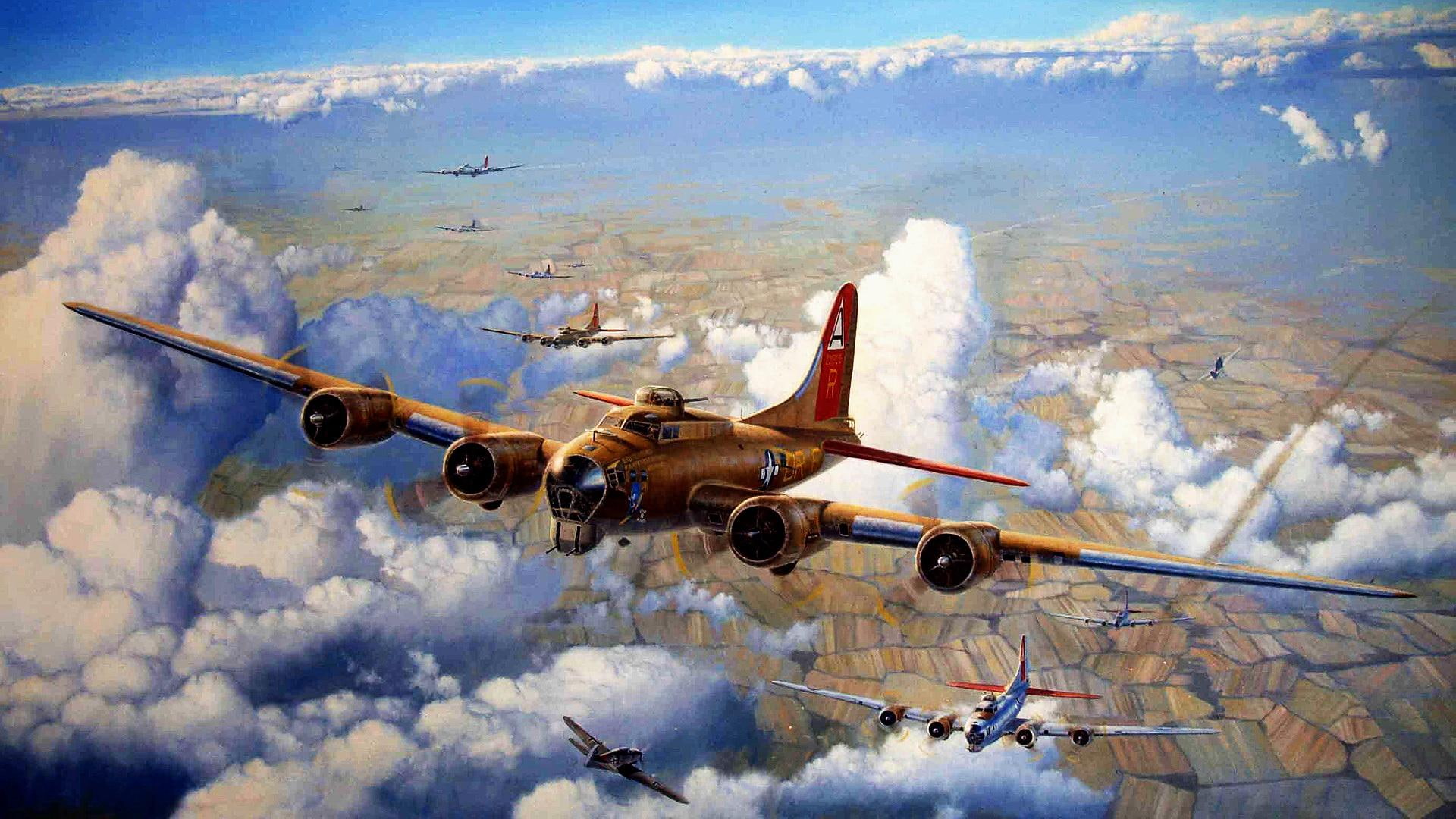 drawing, bomber, b-17, wwii, brown, airplane, bombing, plane, boeing, 1080P, flying, engine, run, me109, messerschmitt, HD Wallpaper