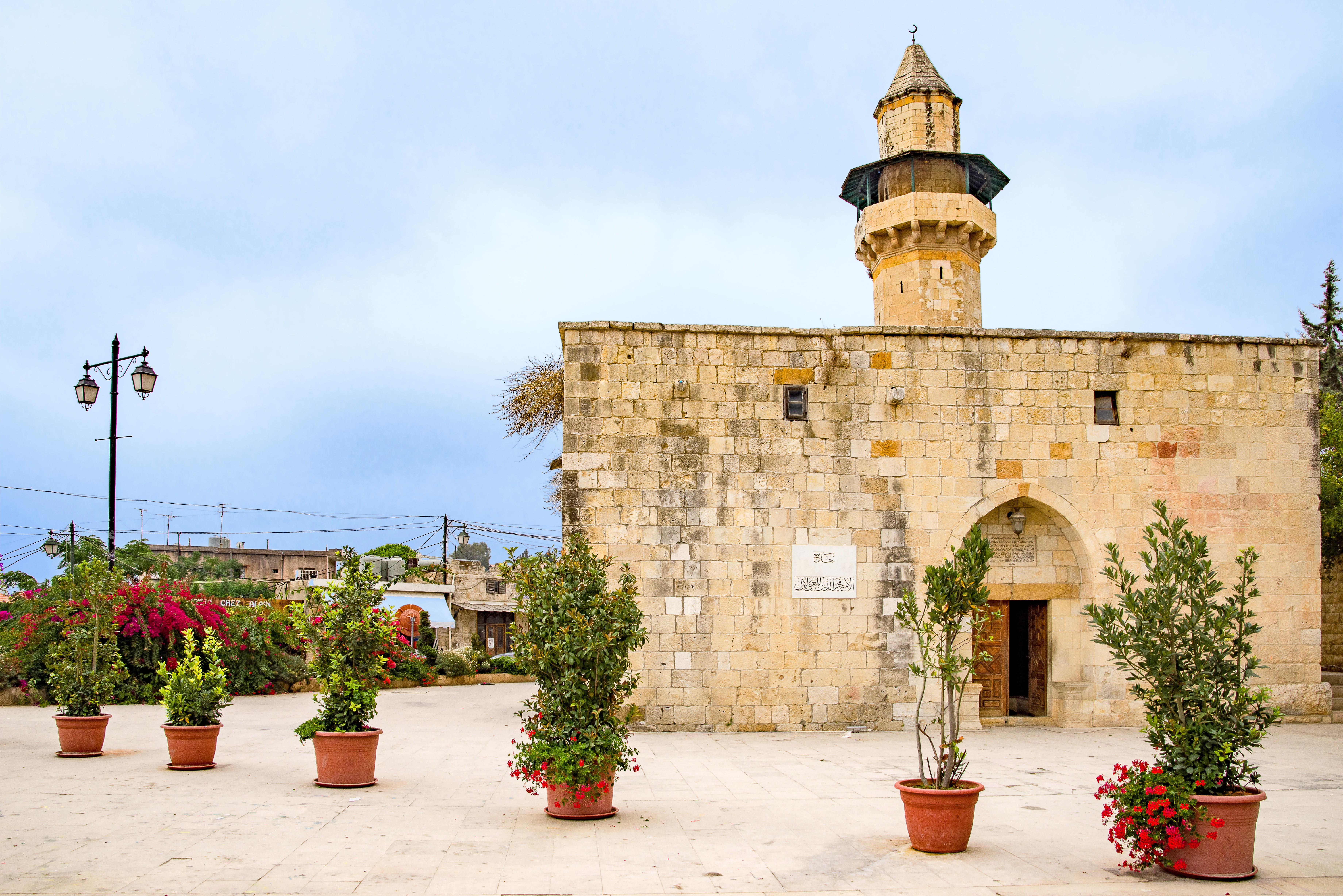 tower, potted plant, ancient, religion, cloud - sky, building, muslim, place, deir el qamar, history, the past, no people, lebanon, tree, spirituality, HD Wallpaper