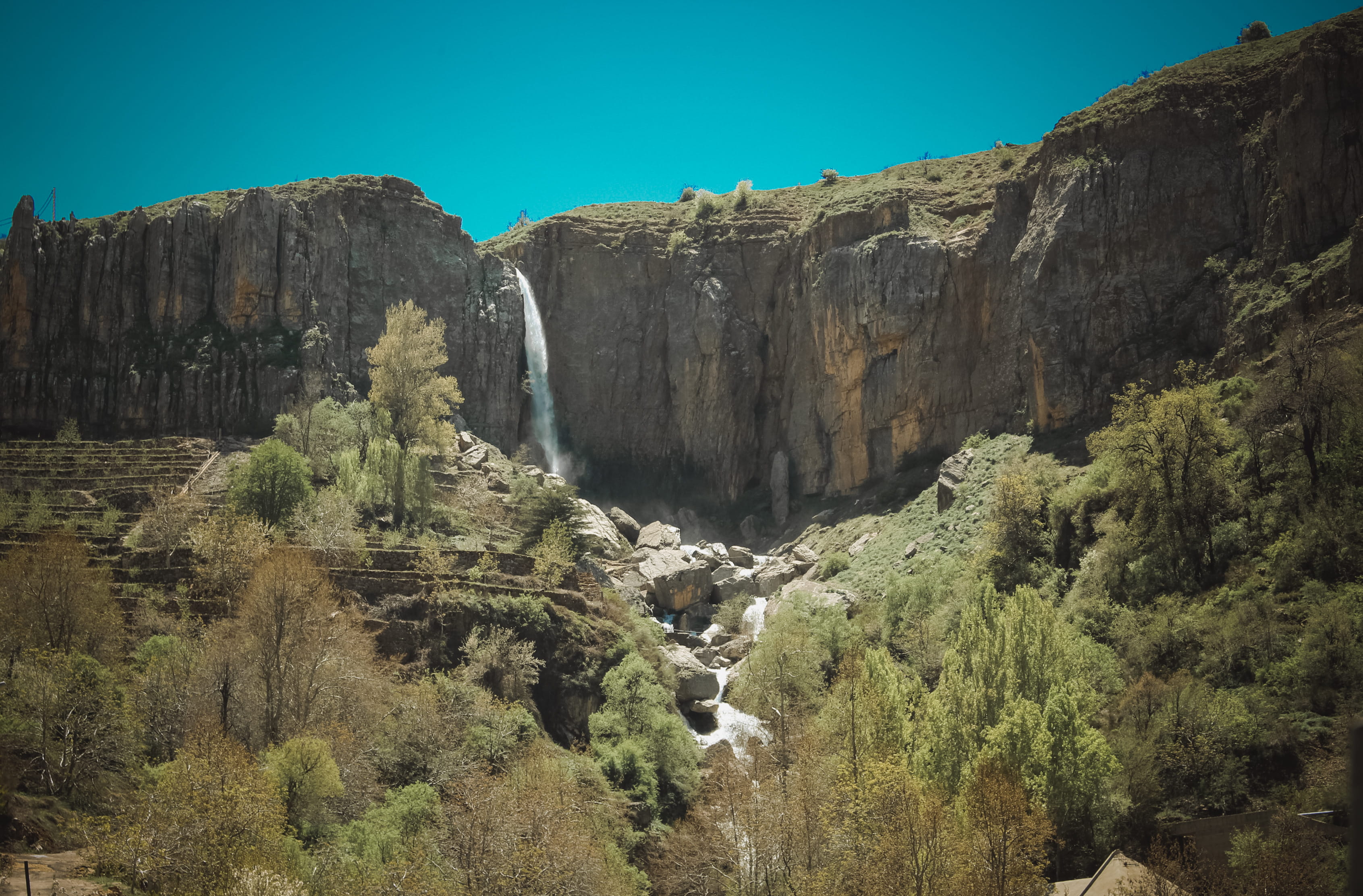 stunt, waterfall, day, outdoors, land, tree, no people, scenics - nature, flowing water, beauty in nature, cliff, lebanon, cascade, clear sky, rock - object, HD Wallpaper