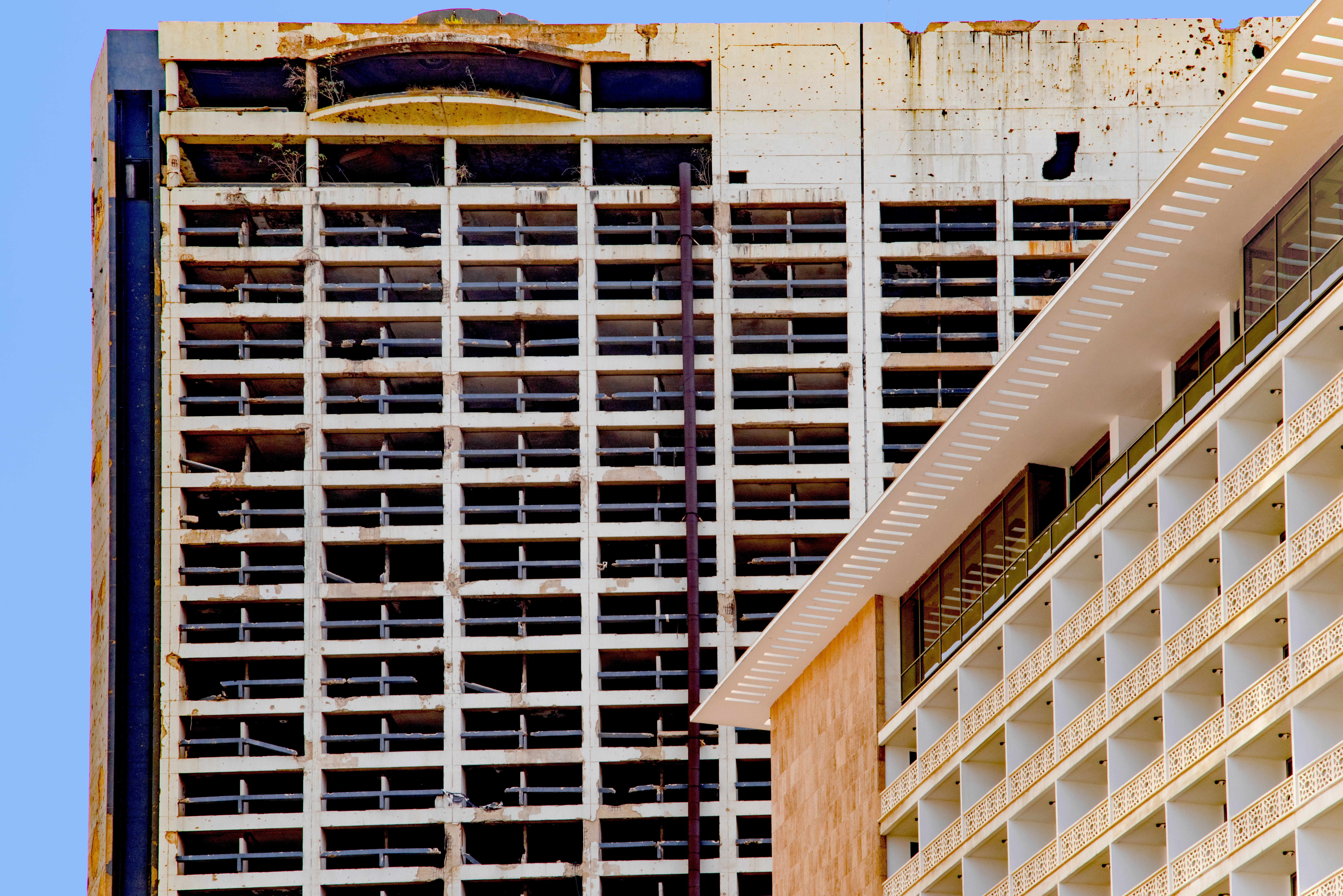 industry, war, in a row, nature, no people, sunlight, 5K, day, holiday inn, outdoors, bomb, city, symbol, window, hotel, low angle view, wood - material, HD Wallpaper