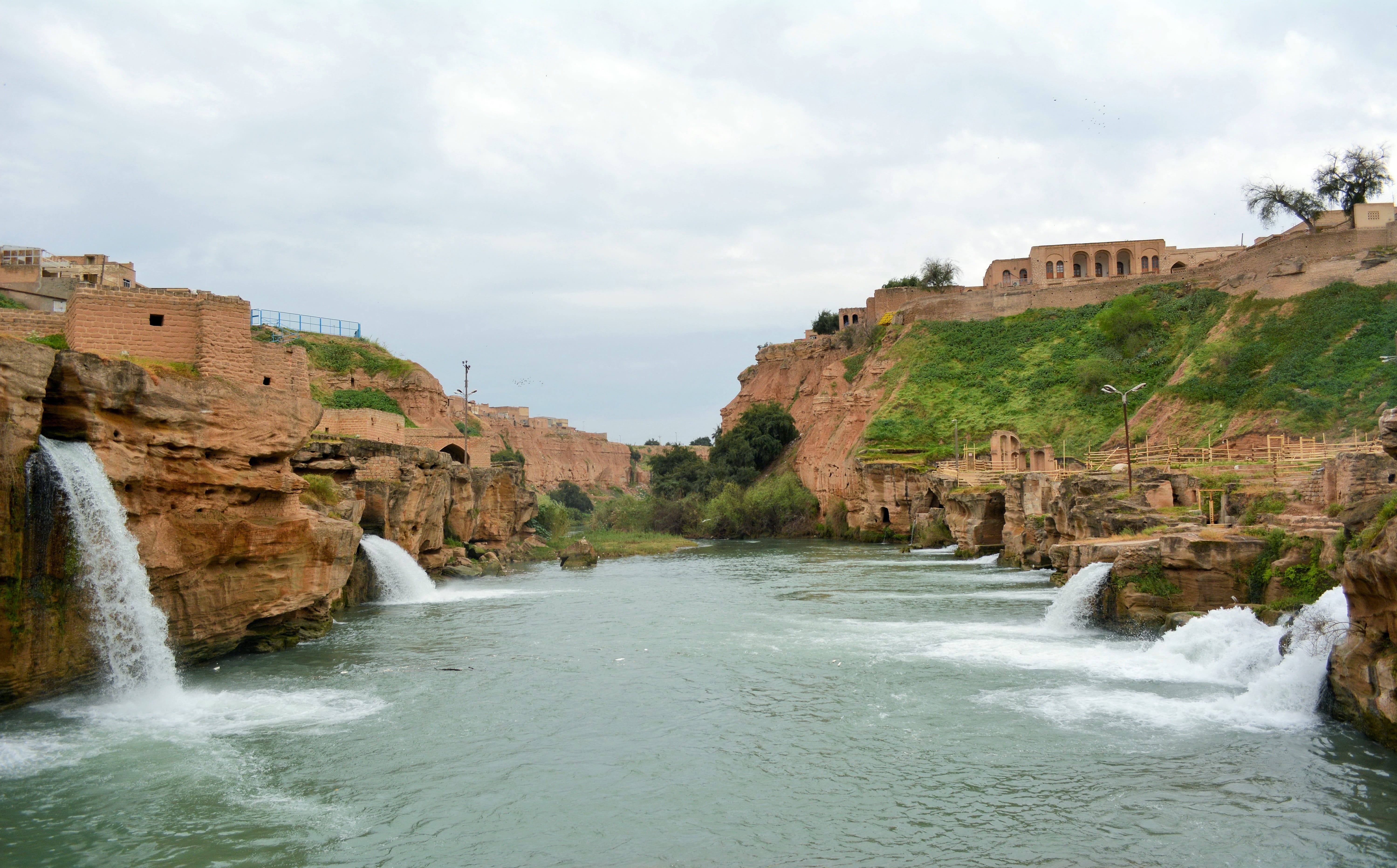 flowing water, scenics - nature, architecture, ancient waterfalls in khuzestan, motion, iran, cloud - sky, sky, the past, cliff, rock, 5200d, beauty in nature, HD Wallpaper