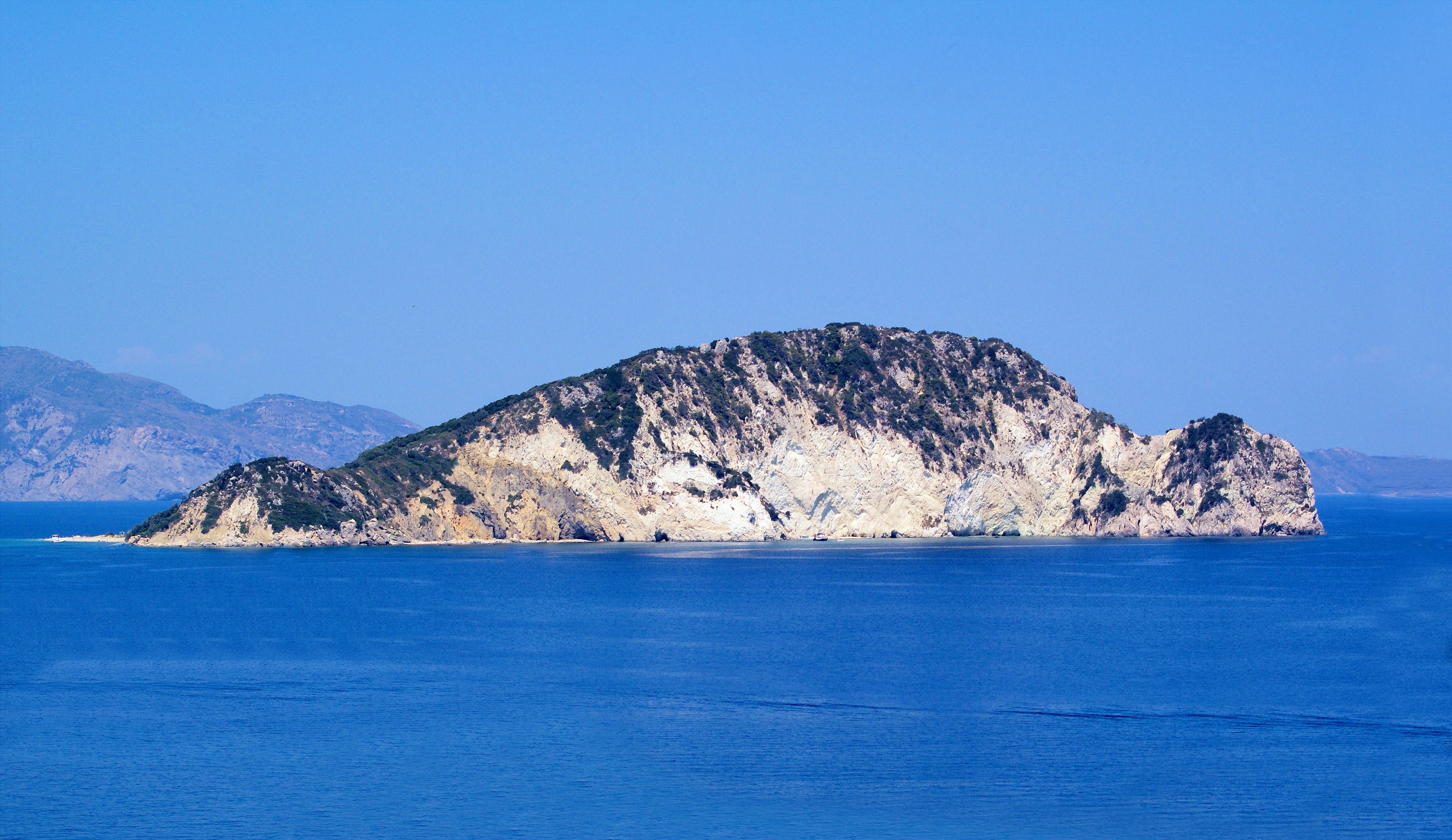 clear sky, copy space, no people, mountain, blue, land, tranquility, water, marathonisi island, sea, tranquil scene, nature, greece, outdoors, waterfront, HD Wallpaper