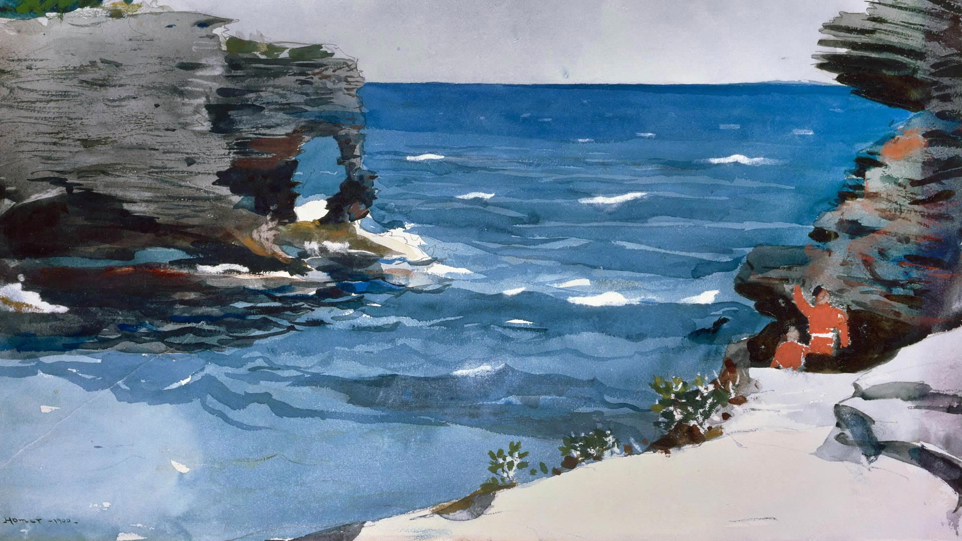 Rocky Coast, 1080P, sea, rocks, figure, Winslow Homer, watercolor, HD Wallpaper