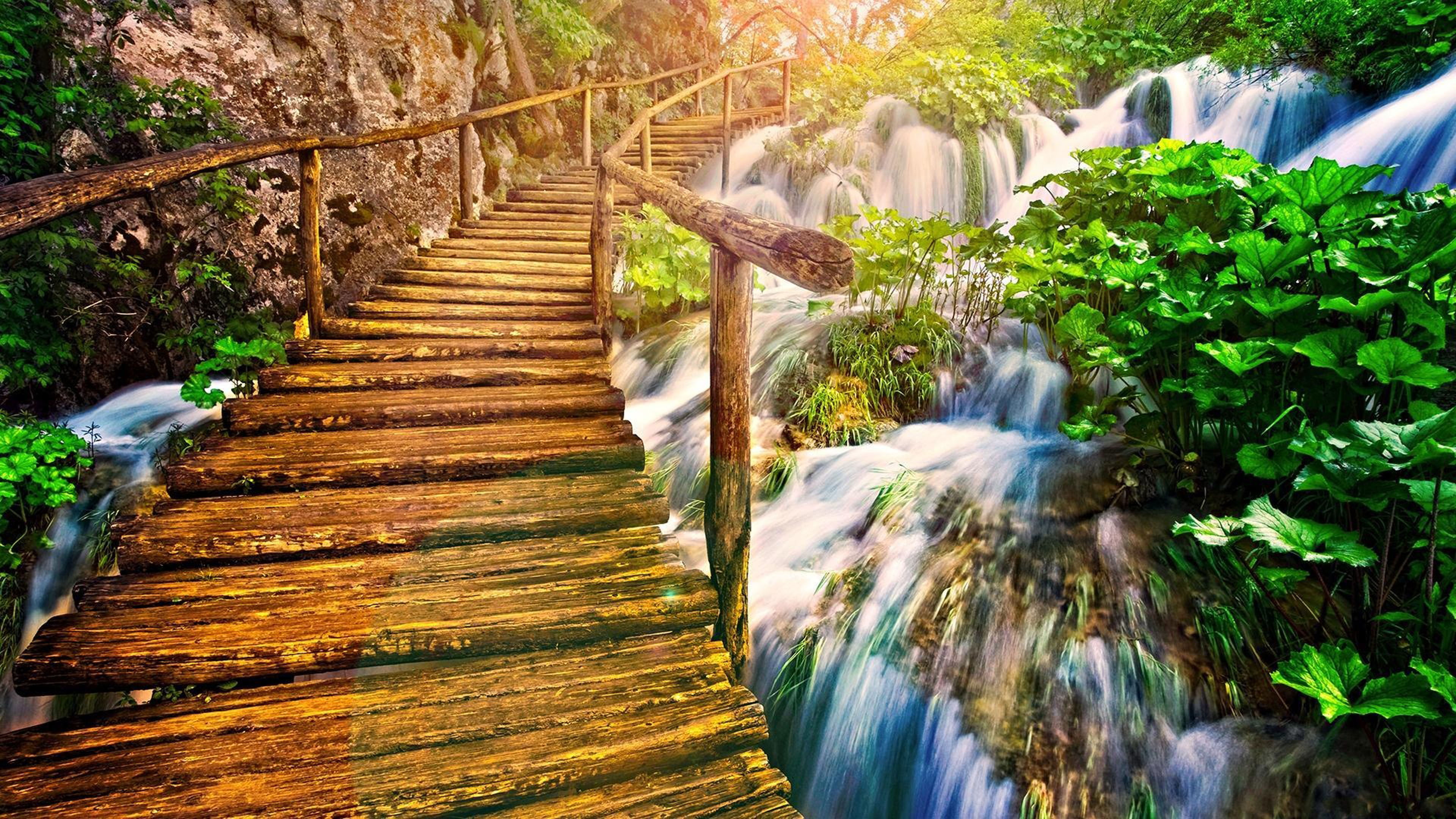 waterfalls, fence, hd, bridge, desktop, wooden, river, green, coast, mobile, 4K, vegetation, rocky, leaves, lush, HD Wallpaper