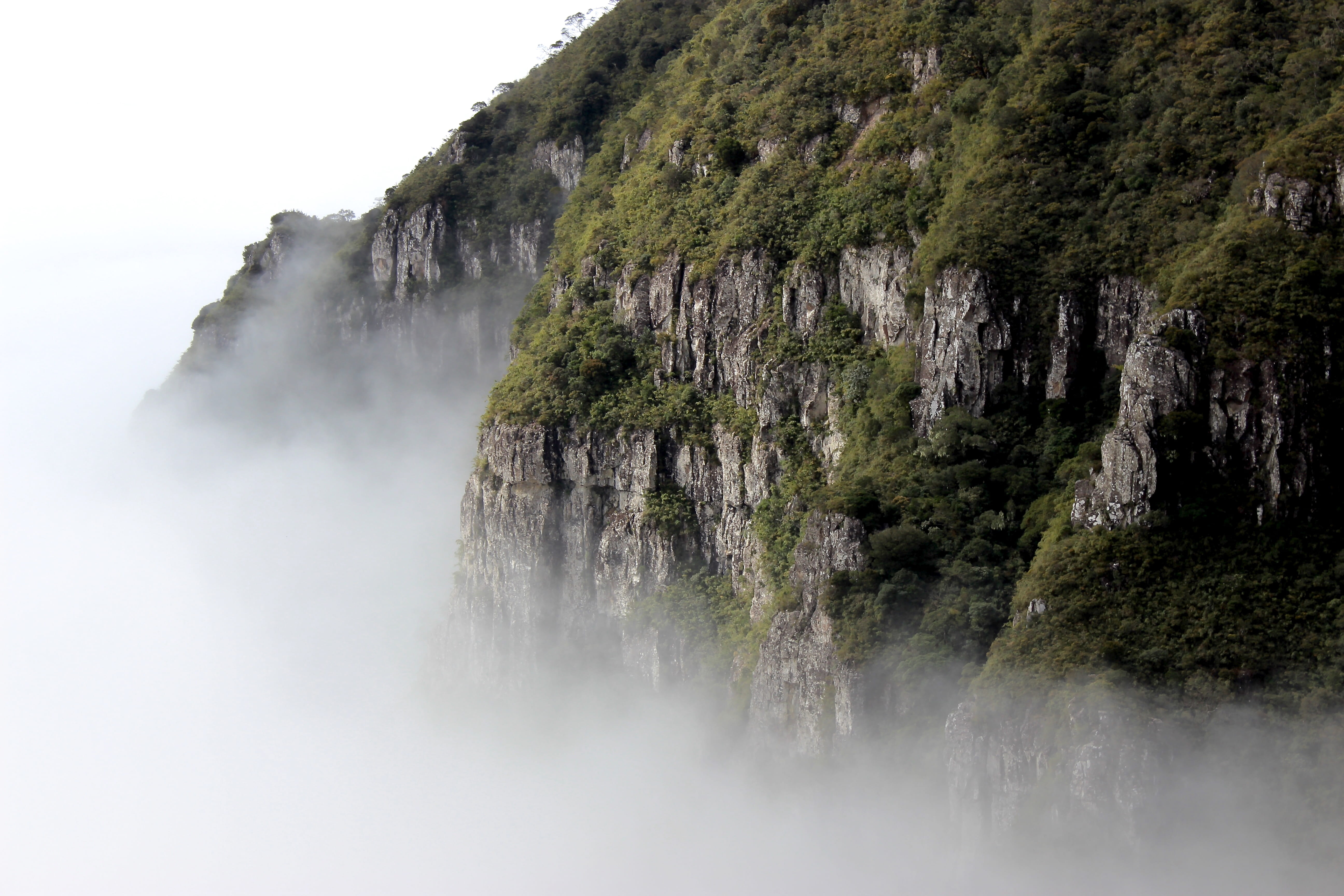 5K, daytime, no people, cliff, flowing water, non-urban scene, rain forest, land, beauty in nature, mist, jurassic park, rock face, plant, rock formation, HD Wallpaper