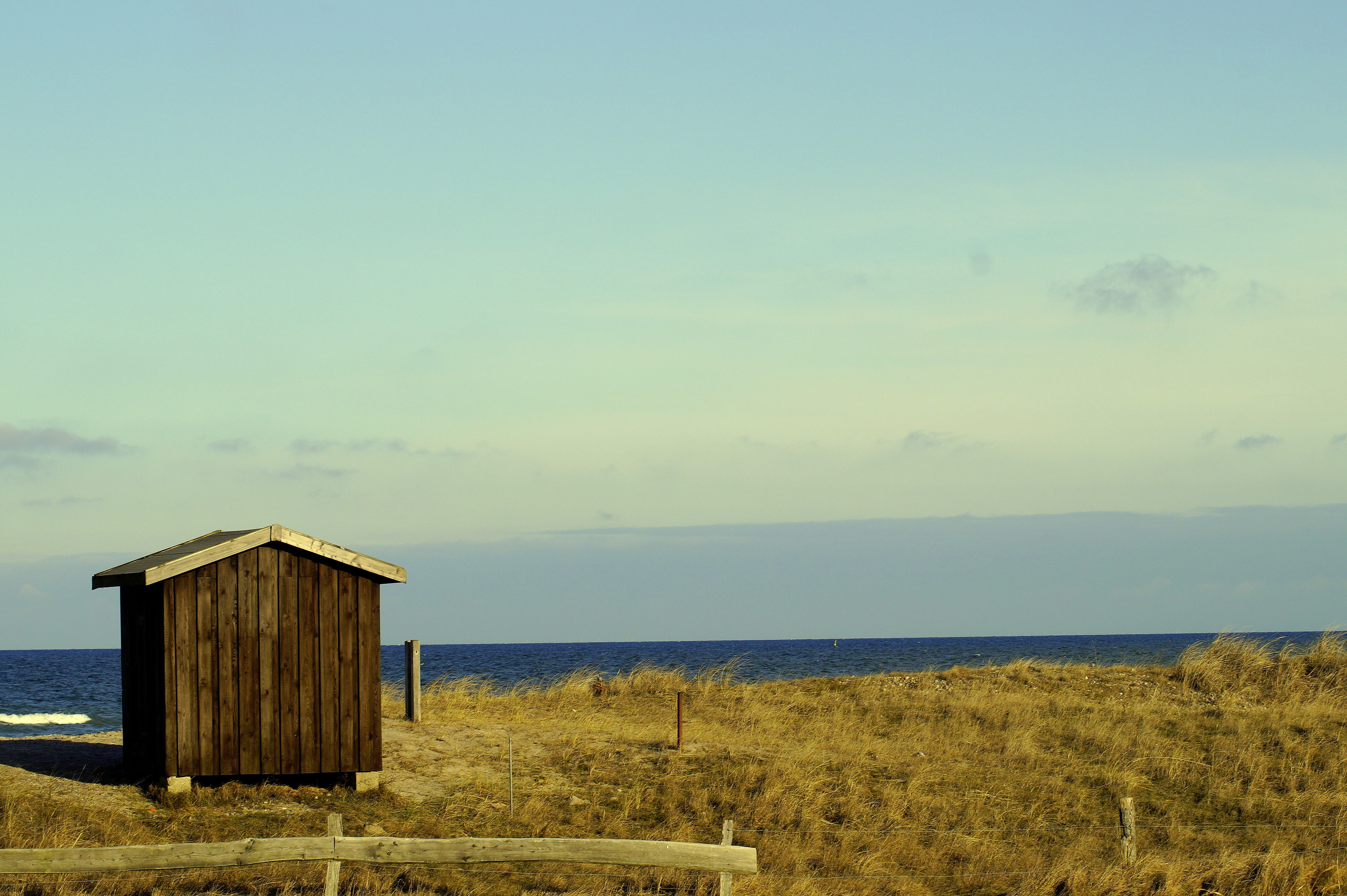 baltic sea, cabin, tranquil scene, horizon over water, outdoors, tranquility, non-urban scene, sky, dune, hut, nature, water, beauty in nature, land, 5K, HD Wallpaper