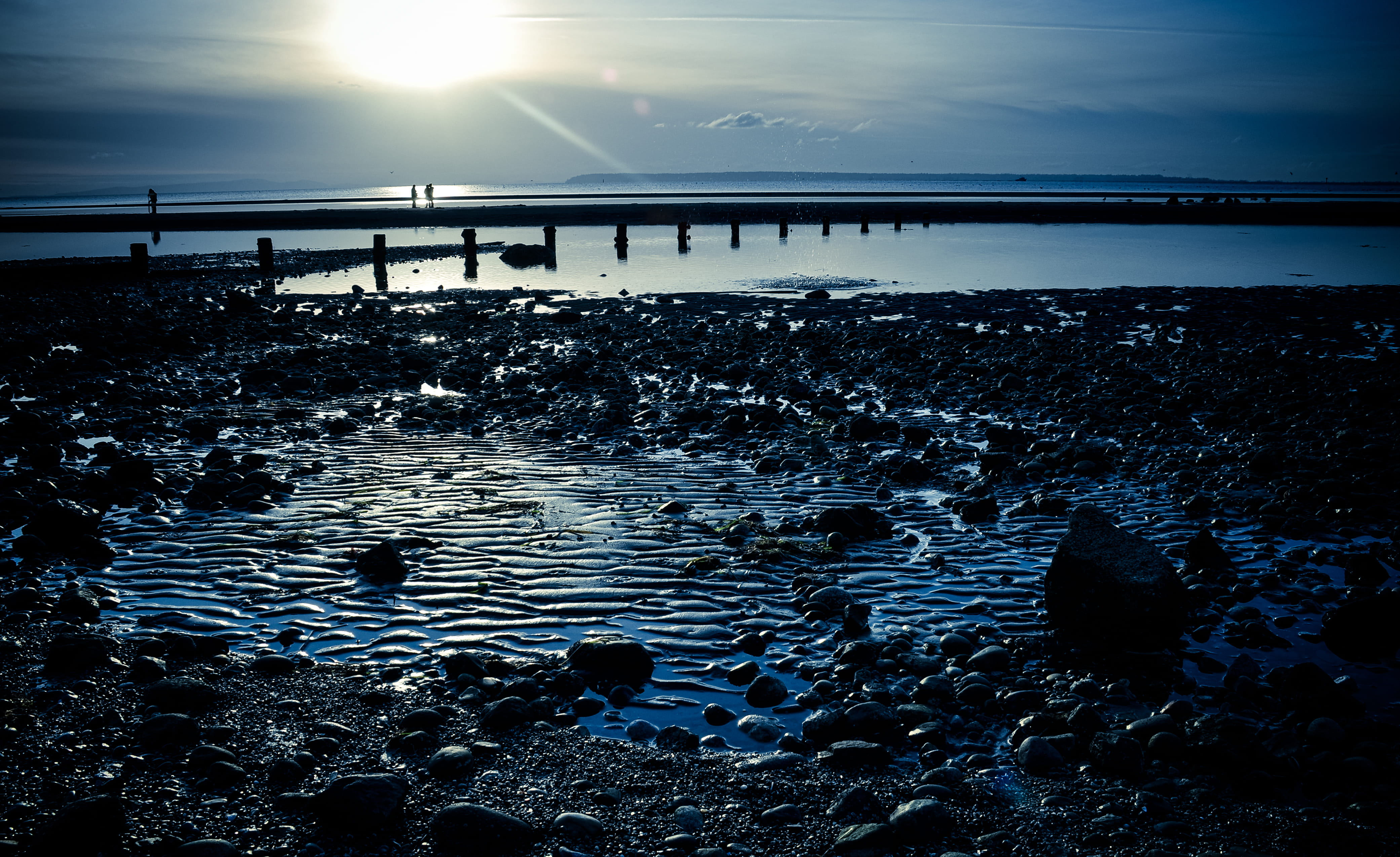 water, beach, tranquil scene, outdoors, land, bridge, sky, bridge - man made structure, sunset, scenics - nature, surrey, sea, crescent beach, canada, built structure, HD Wallpaper