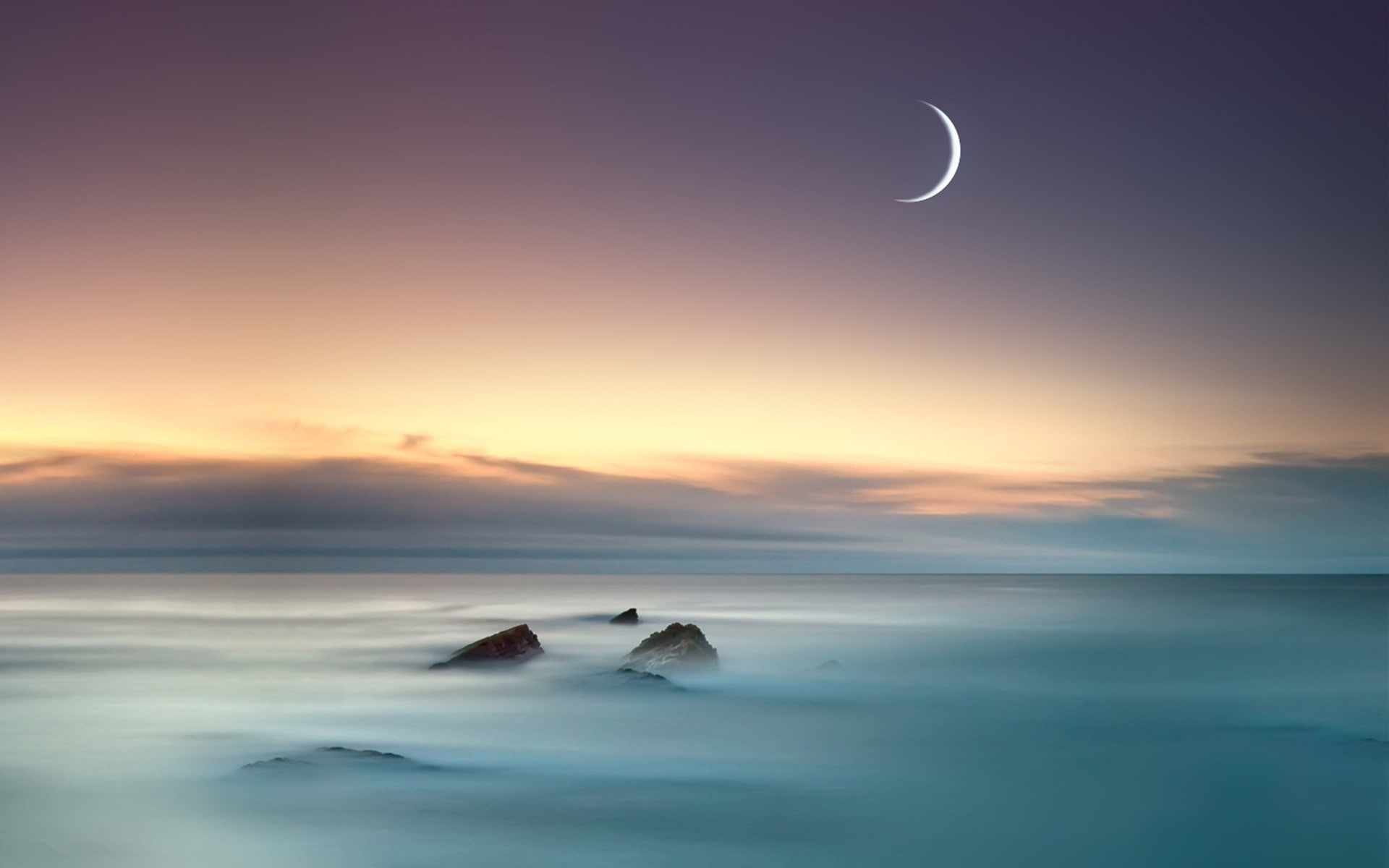 1080P, crescent, horizon, outdoors, tranquil scene, sunset, horizon over water, beauty in nature, hd, water, moon, tranquility, beach, motion, widescreen, HD Wallpaper