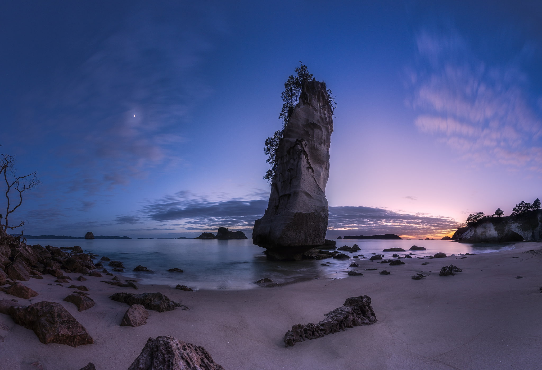 Hahei, stones, dawn, twilight, rock, the ocean, 1080P, beach, Cathedral Cove, landscape, HD Wallpaper