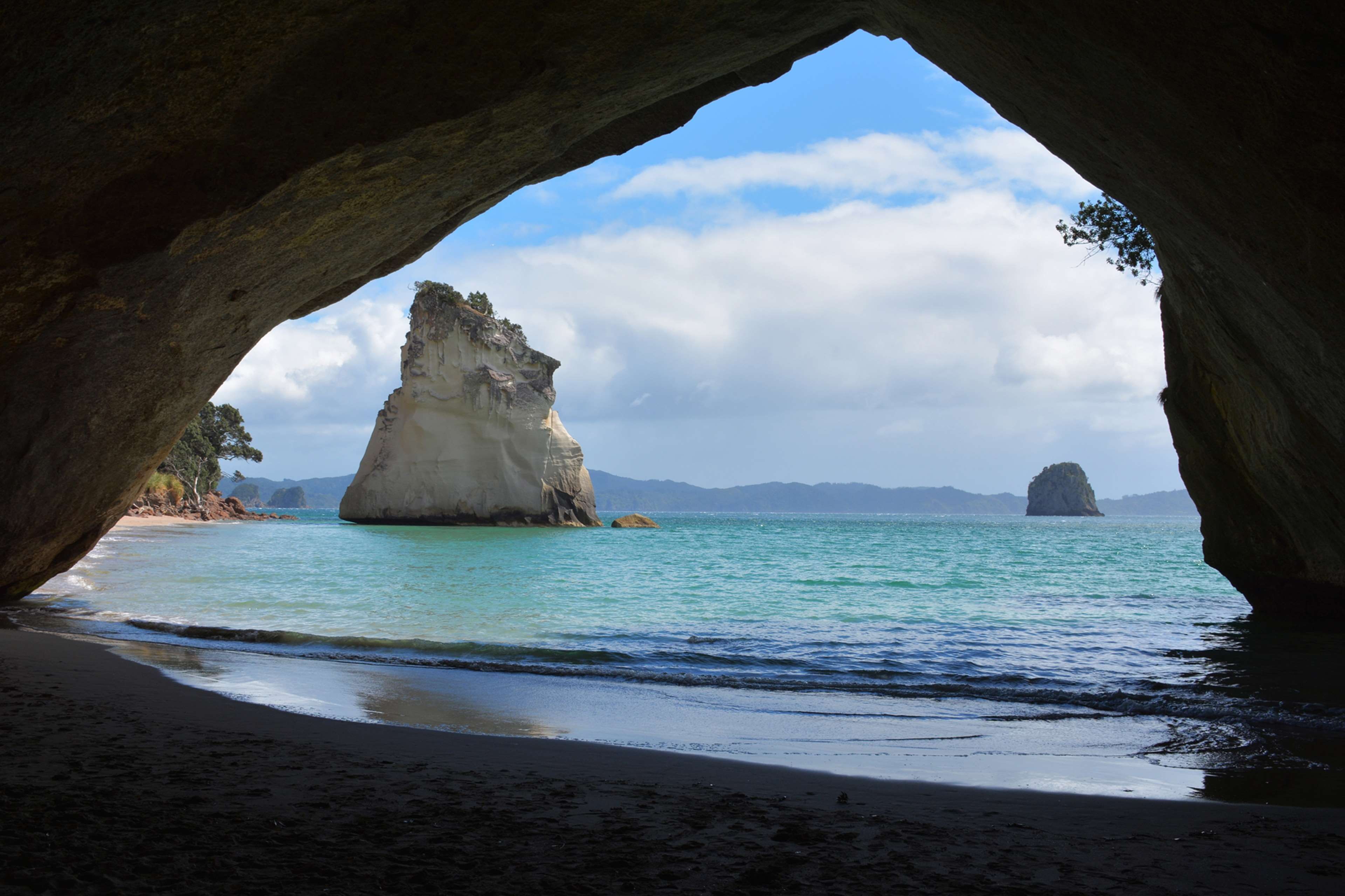 scenics - nature, coast, rock, nature, 4K, cloud - sky, by the sea, beauty in nature, beach, arch, sky, wave, view, day, tranquil scene, cave, new zealand, HD Wallpaper