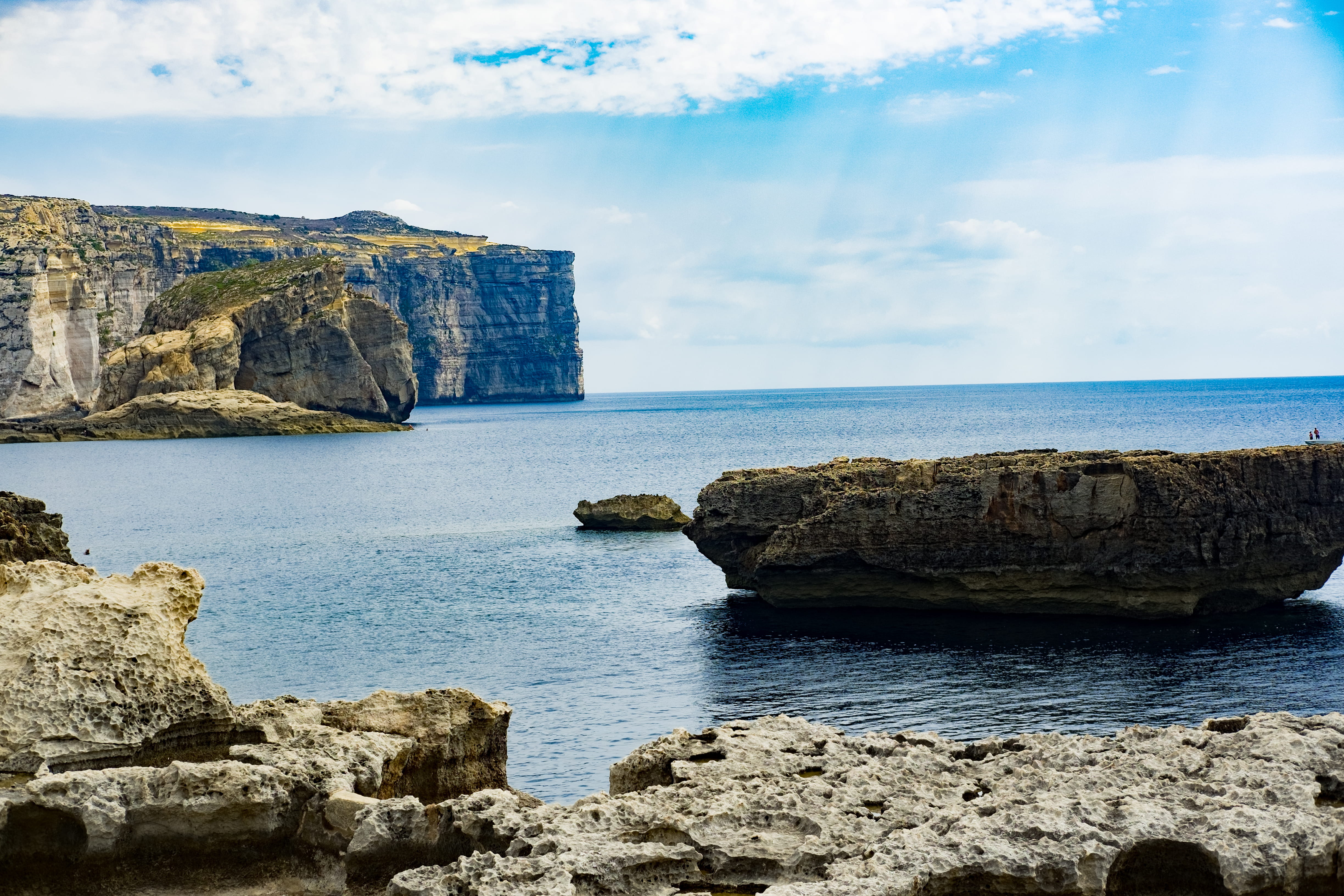 scenics - nature, bright, sea, malta, blue, land, dwejra bay, nature, sunny, beauty in nature, idyllic, sky, rocks, shoreline, coast, outdoors, rock formation, HD Wallpaper