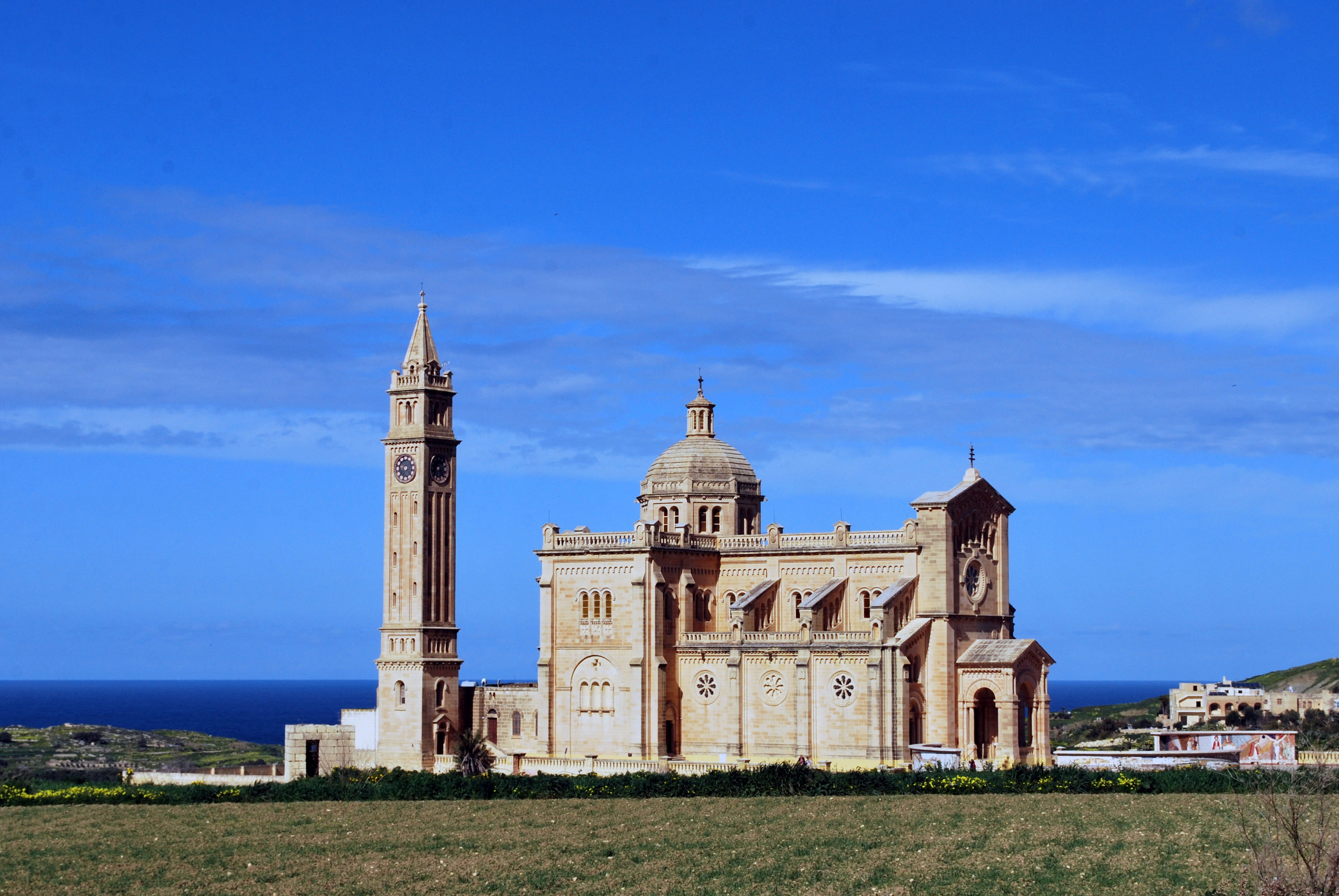 blue, belief, tourism, cloud - sky, ta pinu, building, gozo, christian, spirituality, religion, beautiful, malta, no people, church, built structure, the past, HD Wallpaper