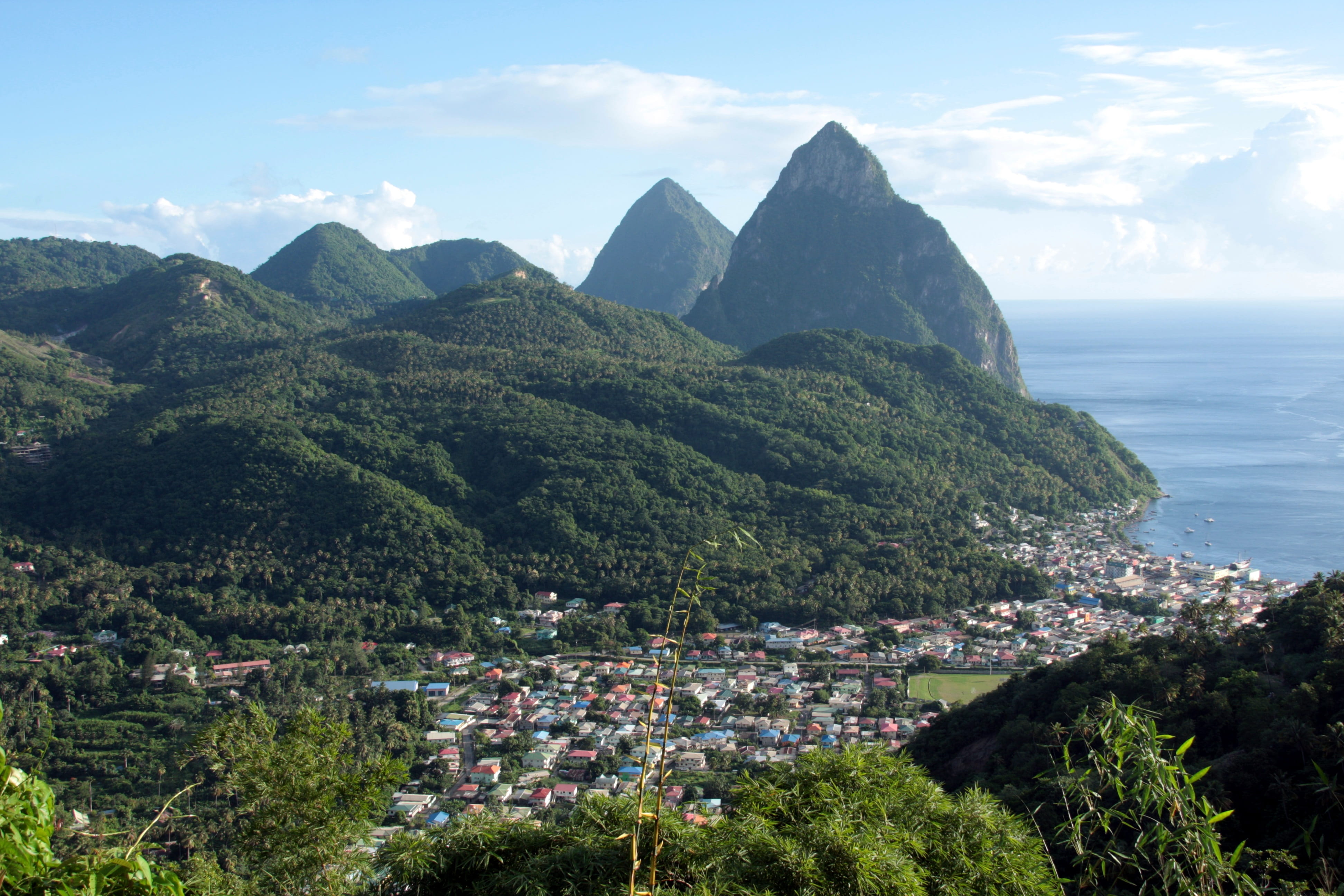 plant, twin pitons, green, 4K, city, caribbean, mountains, beauty in nature, architecture, tropical, cloud - sky, green color, outdoors, st lucia, tree, HD Wallpaper