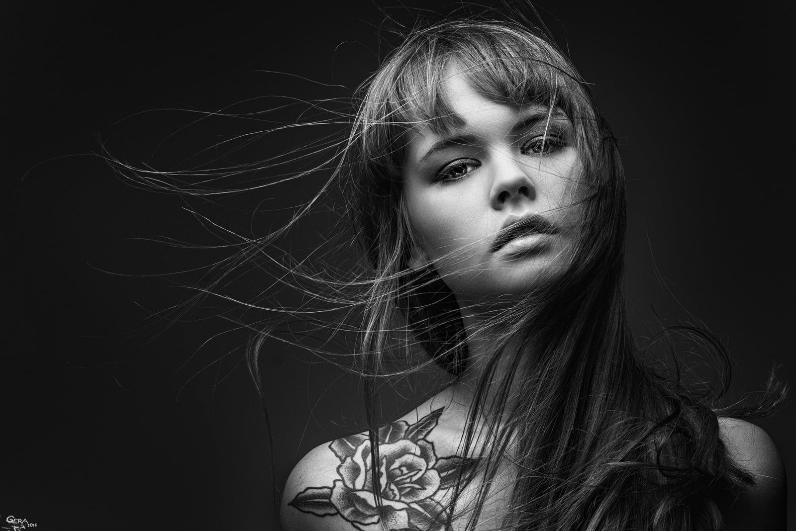 women, headshot, Anastasia Scheglova, hairstyle, face, indoors, tousled hair, bare shoulders, monochrome, adult, brown hair, fashion, tattoo, 720P, juicy lips, HD Wallpaper