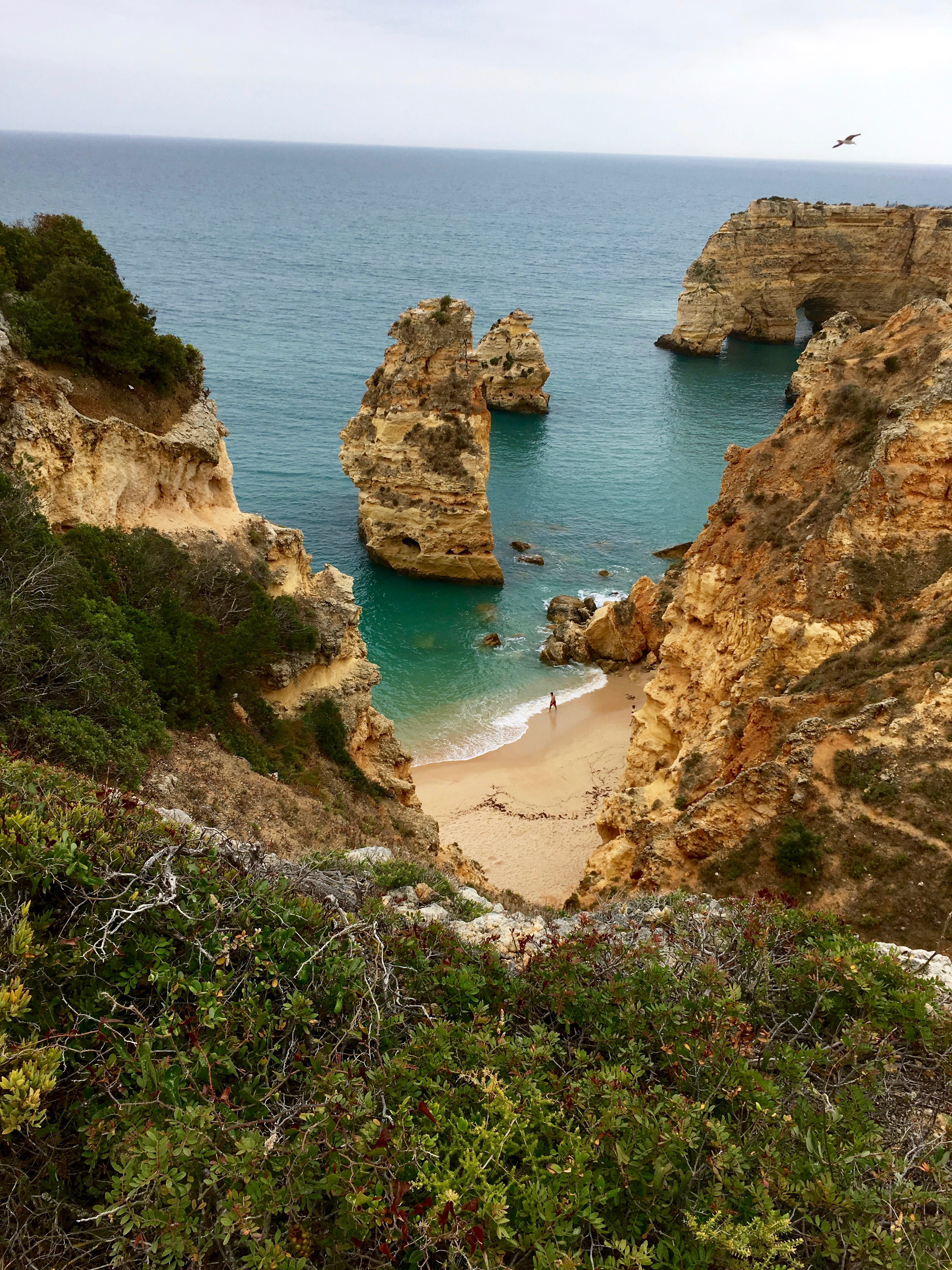 no people, water, sea, high angle view, beach, praia da marinha, solid, tranquil scene, portugal, outdoors, rocky coastline, land, rock formation, sky, Phone HD Wallpaper