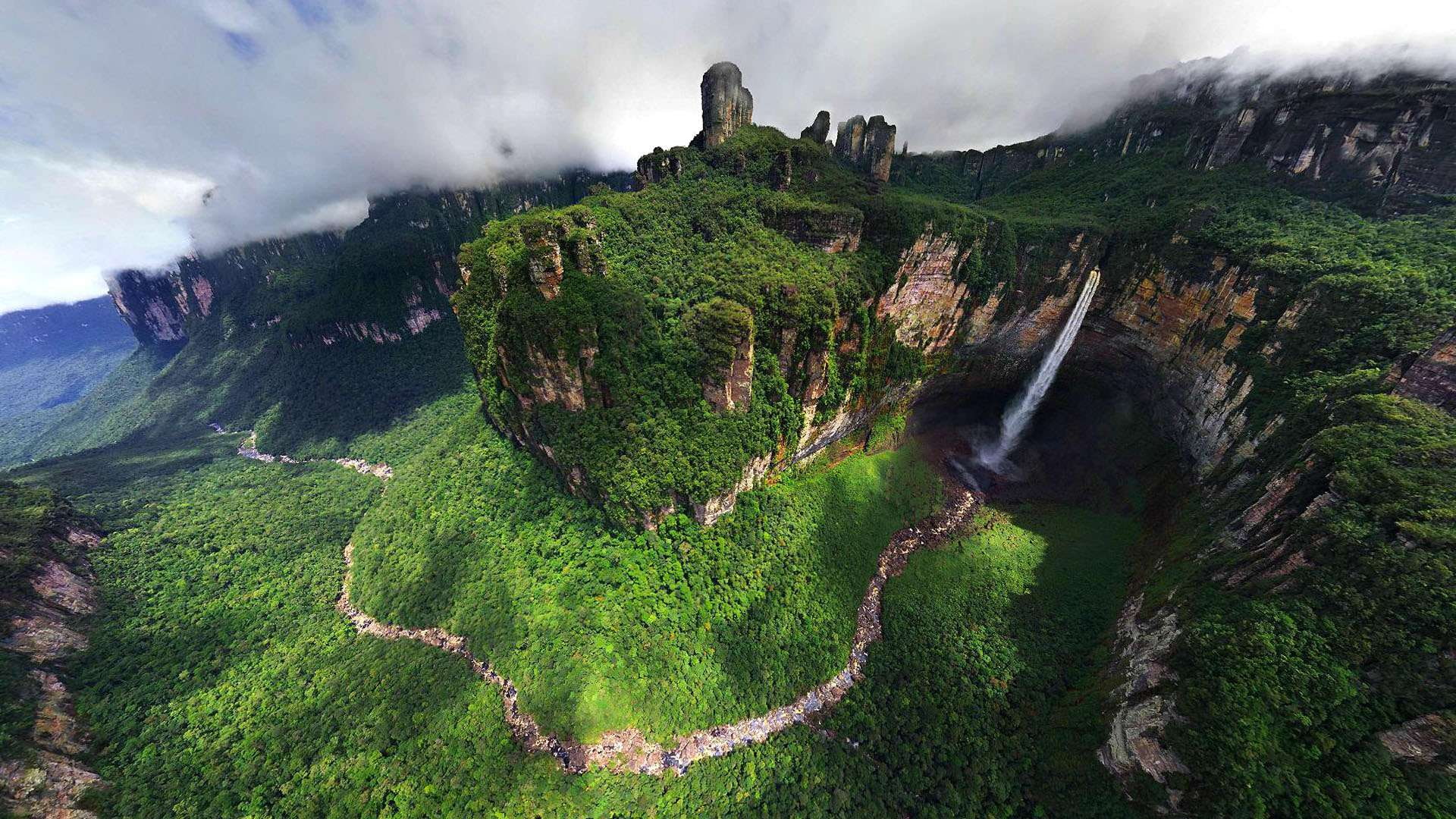 green, venezuala, river, dragon falls, 1080P, venezuela, cliff, fall, waterfall, dragon, hd, HD Wallpaper