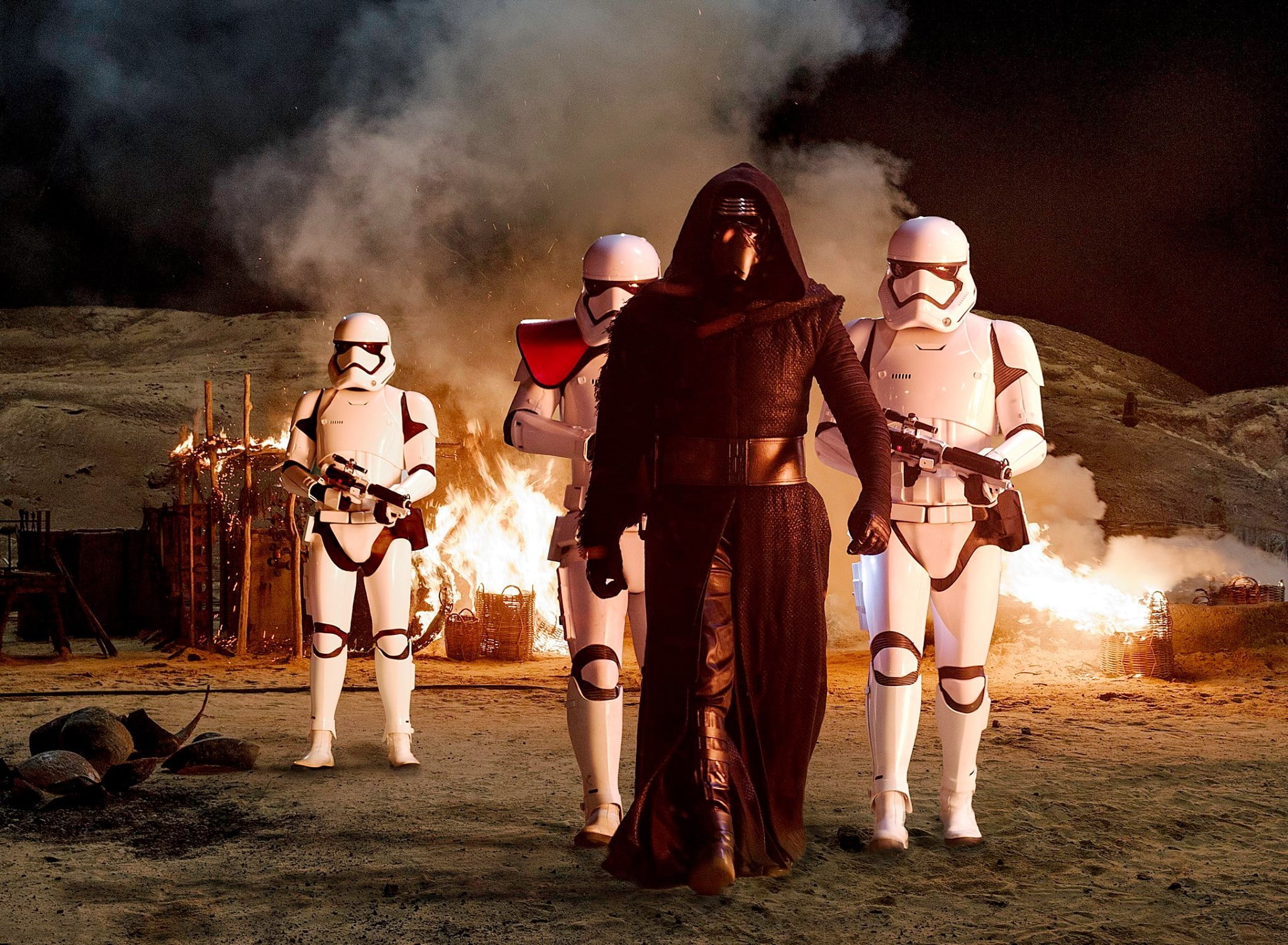 1080P, mask, group of people, outdoors, smoke - physical structure, architecture, standing, Kylo Ren, full length, night, adult, helmet, headwear, Storm Troopers, HD Wallpaper