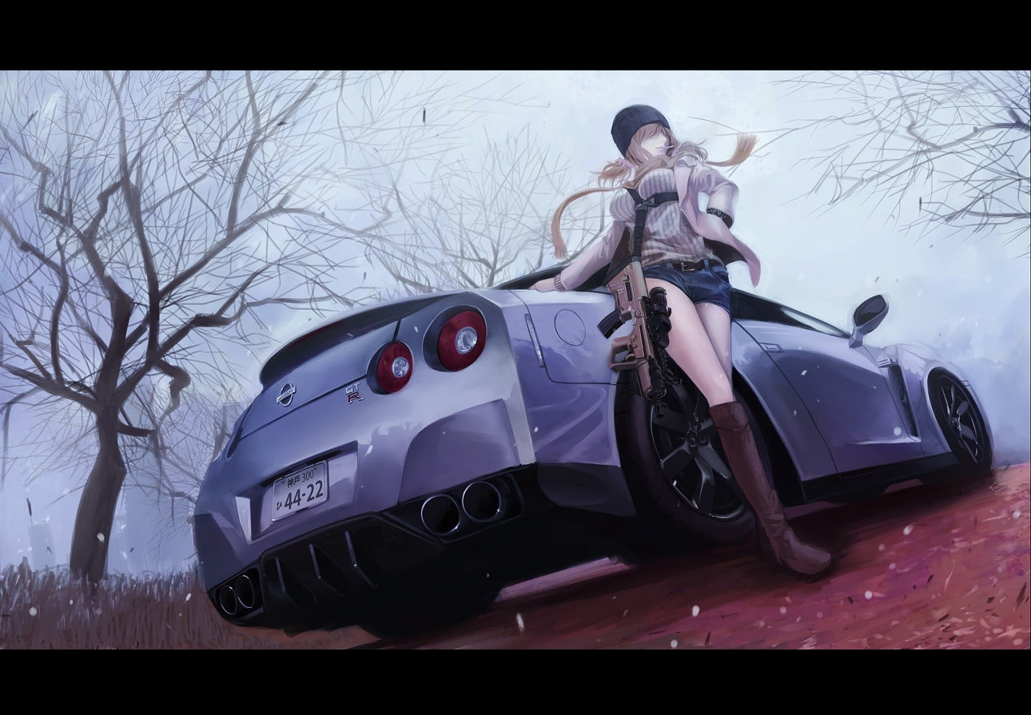 720P, mode of transportation, land vehicle, nature, women, lifestyles, real people, anime, gun, anime girls, clothing, Nissan GT-R, full length, car, one person, HD Wallpaper