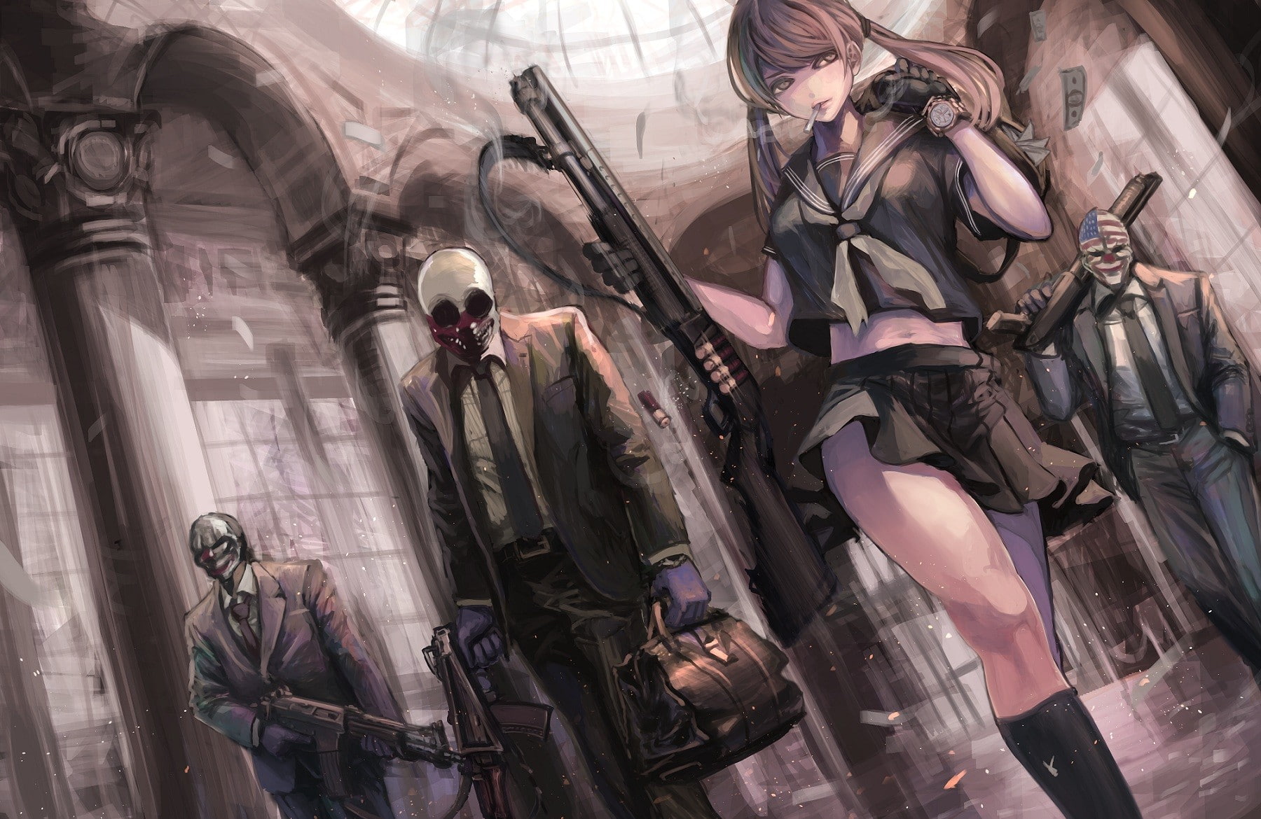anime girls, gun, tie, Payday 2, koh, shotgun, skirt, 720P, weapon, anime, original characters, HD Wallpaper