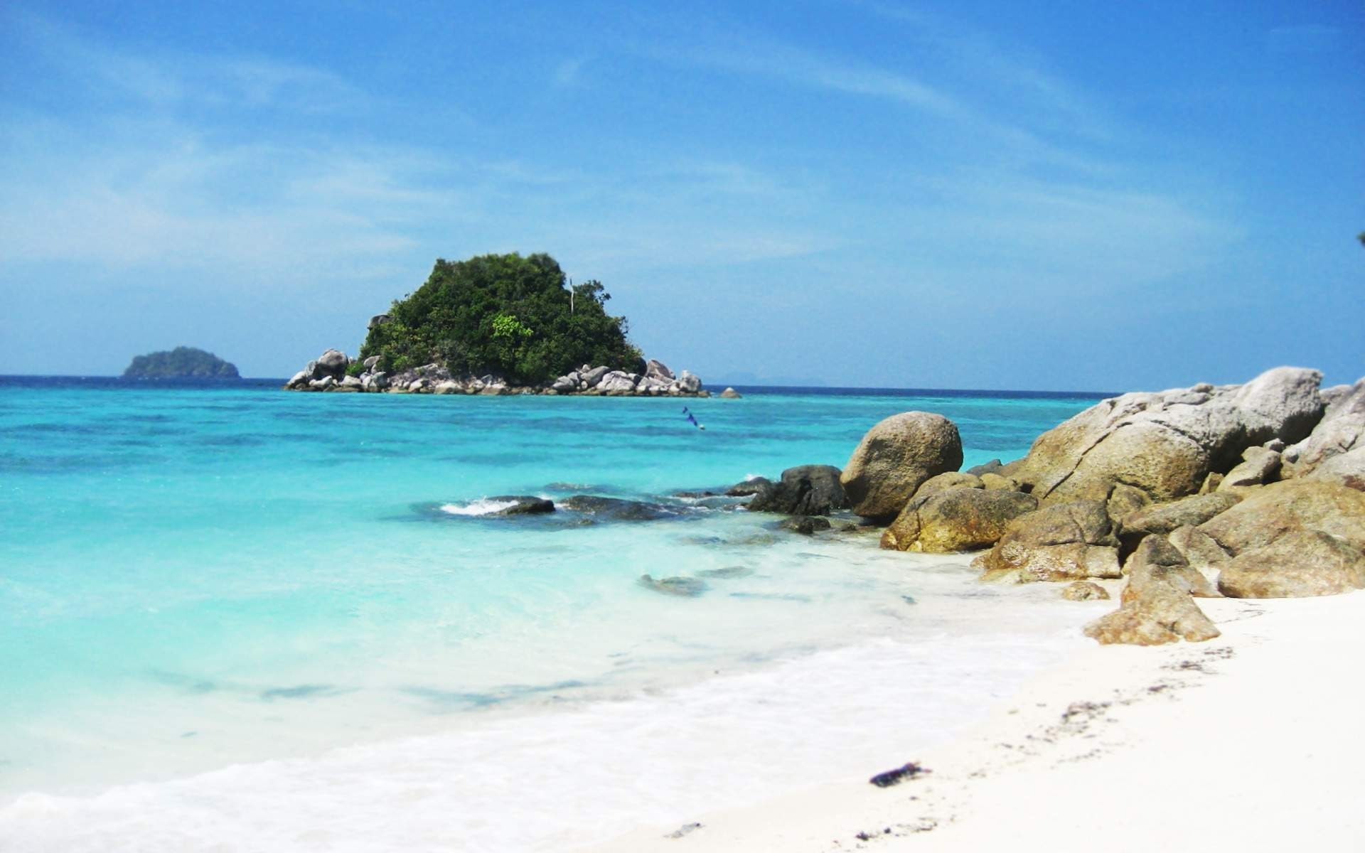 ocean, scenics - nature, sunny, blue, sea, day, nature, land, turquoise colored, water, tranquil scene, outdoors, solid, island, 1080P, tranquility, HD Wallpaper