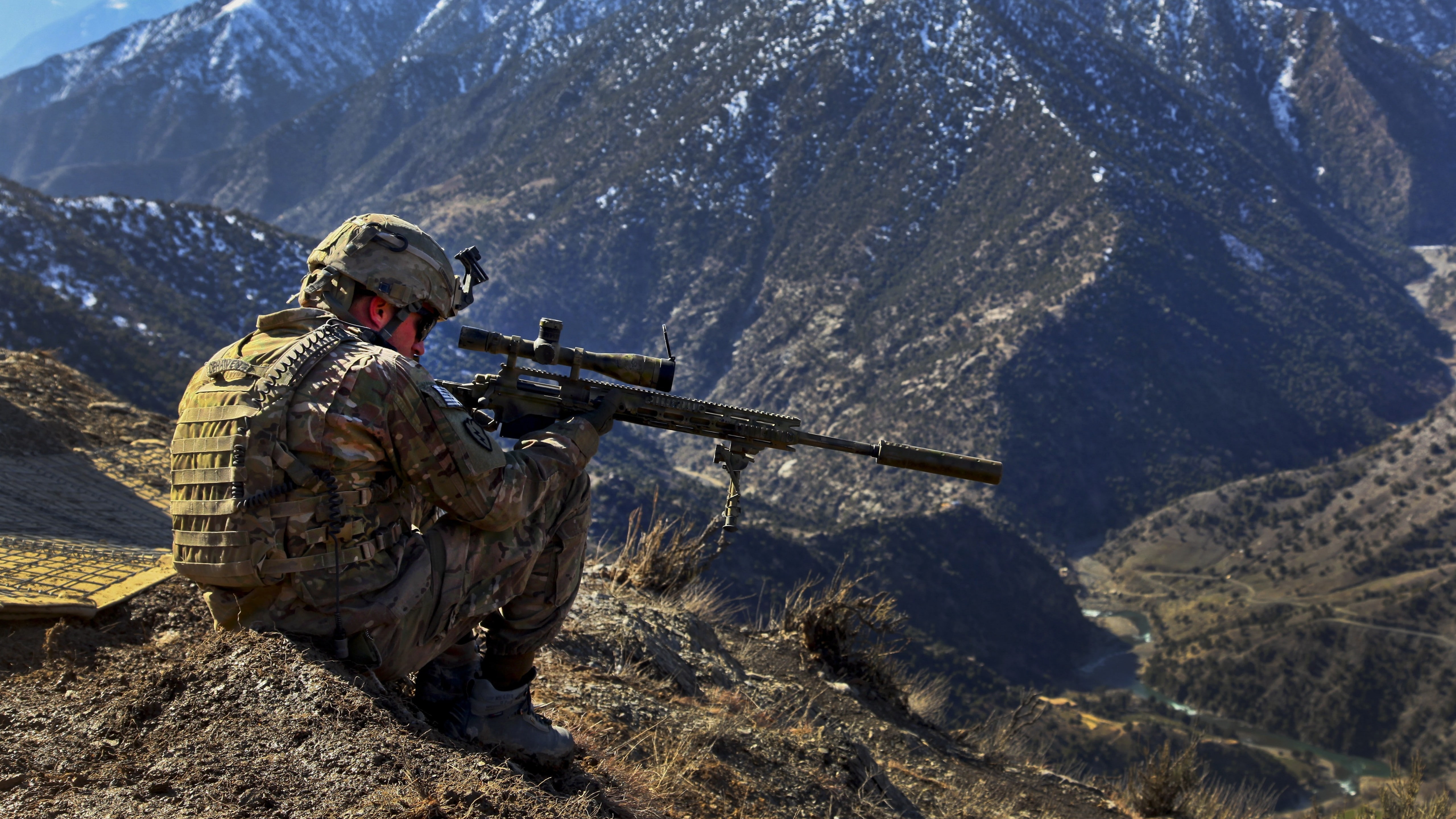 m82, soldier, army, mountain, holding, sniper, rifle, camo, Barrett, 5K, black, HD Wallpaper