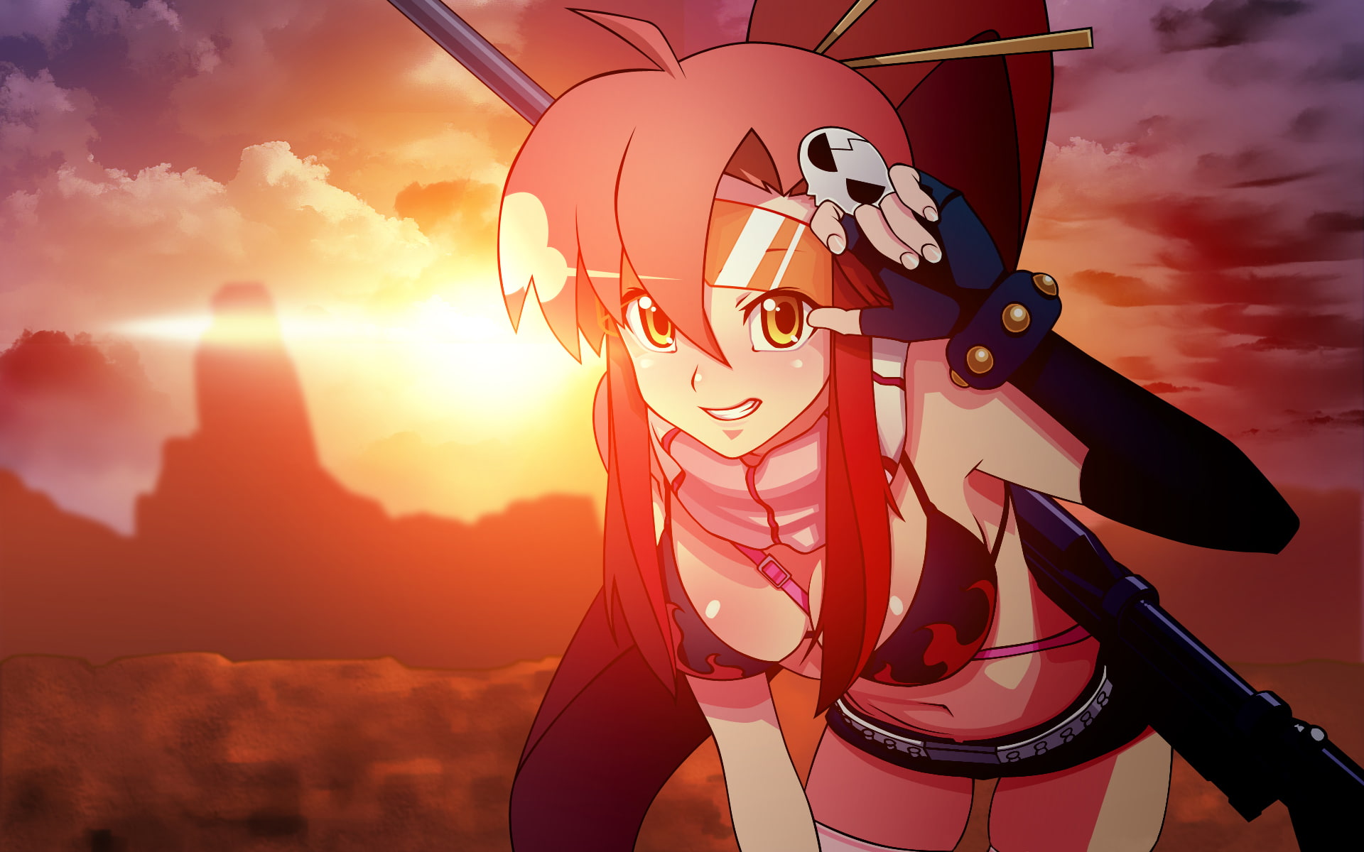 Smile, Belt, Long Hair, Girl, Yellow Eyes, Tengen Toppa Gurren Lagann, Sniper Rifle, Bikini, Thigh Highs, Yoko Littner, Cloud, Bracelet, Weapon, Glasses, HD Wallpaper