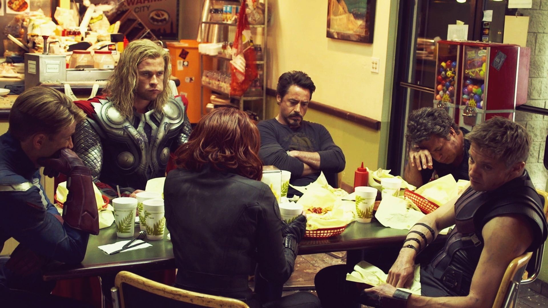 Tony Stark, Shawarma, Iron man, thor, Black Widow, Bruce Banner, Hawkeye, Captain America, 1080P, The Avengers, HD Wallpaper
