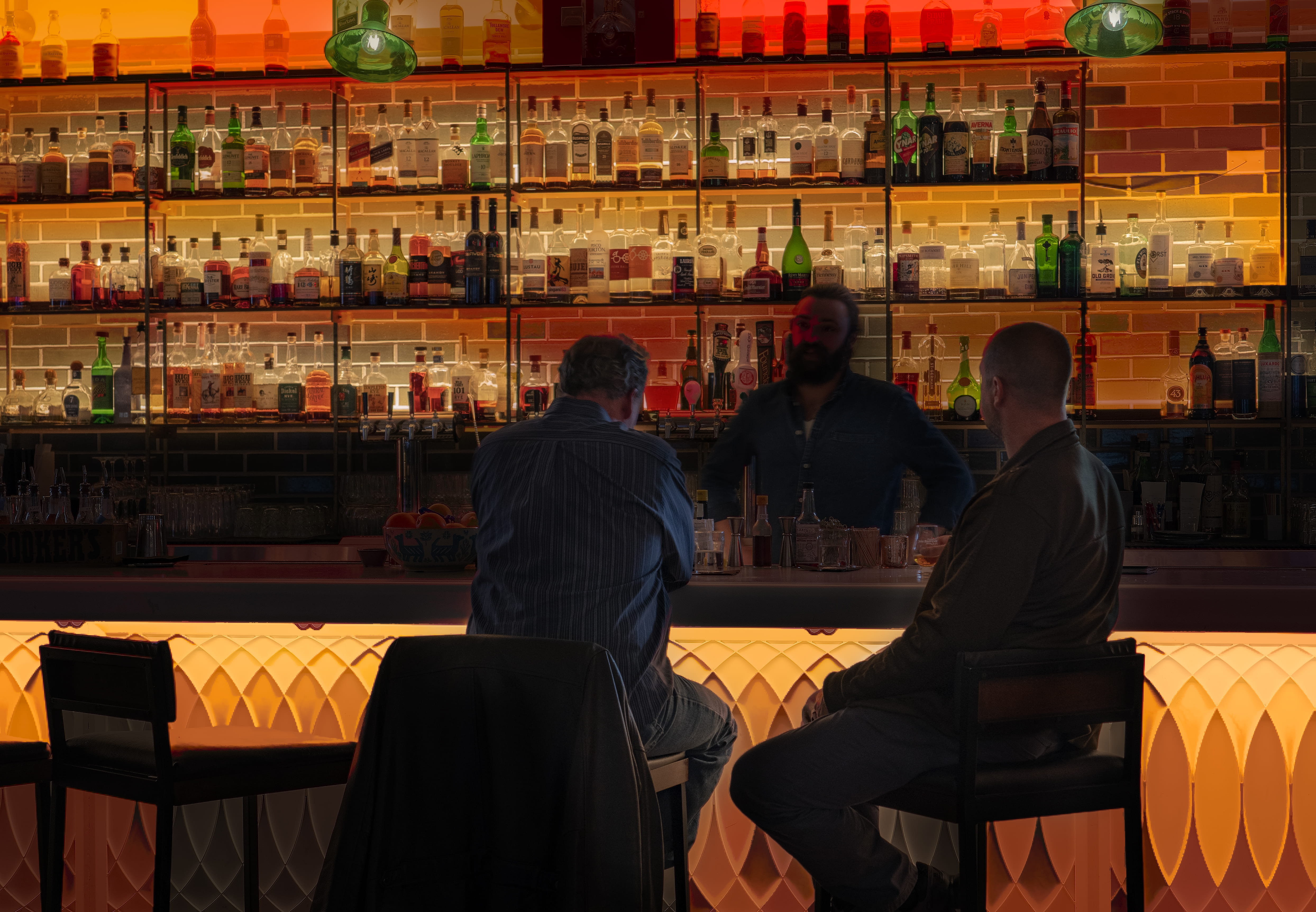 man, bartender, alcohol, shelf, rear view, men, bar - drink establishment, food and drink, group of people, bar, glass, restaurant, architecture, worker, HD Wallpaper
