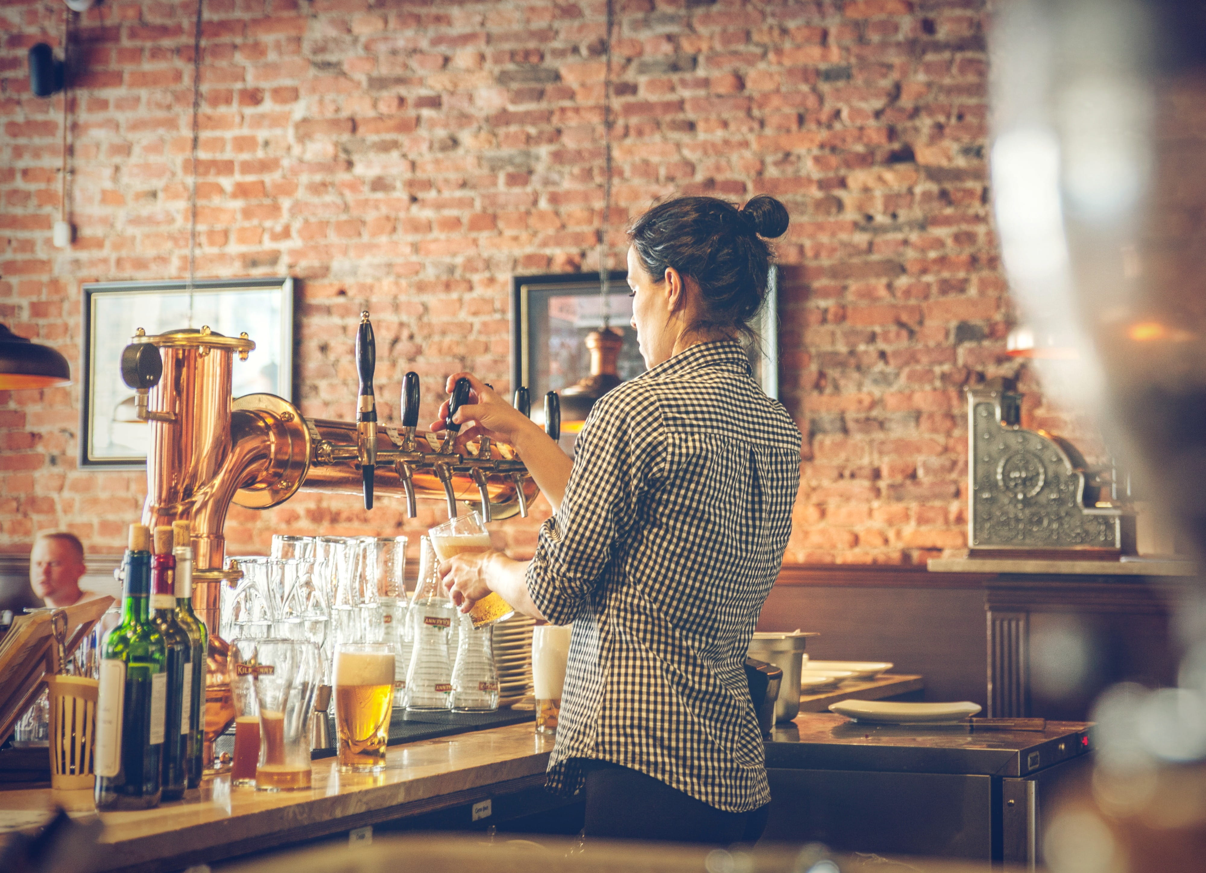 lager, female, owner, standing, refreshment, working, coffee shop, brick, photo, beer, pouring, adult, occupation, indoors, entrepreneur, bar - drink establishment, HD Wallpaper