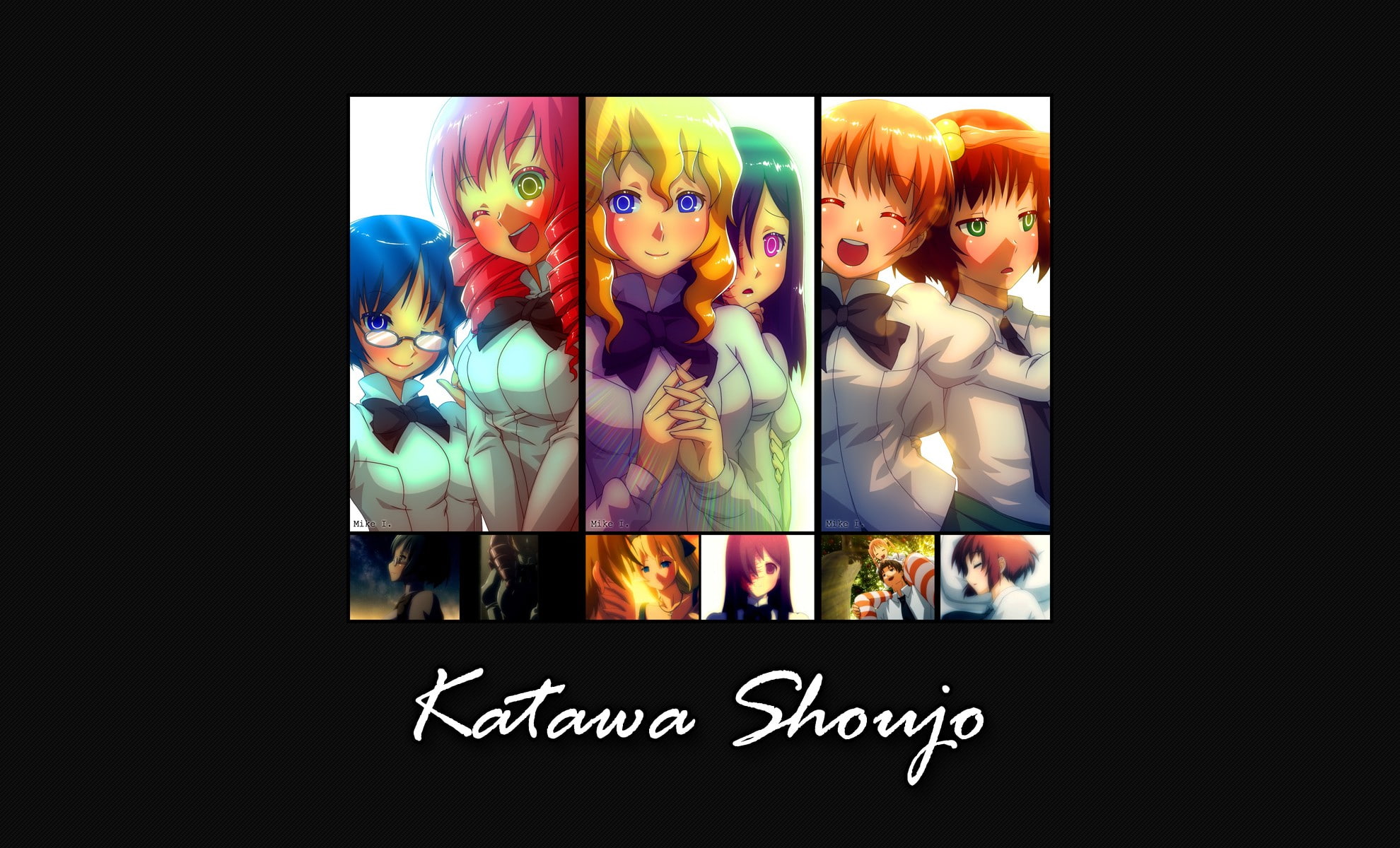 screen, video, anime girls, Rin Tezuka, studio shot, indoors, Ibarazaki Emi, Shizune Hakamichi, black background, collection, variation, Hanako Ikezawa, HD Wallpaper