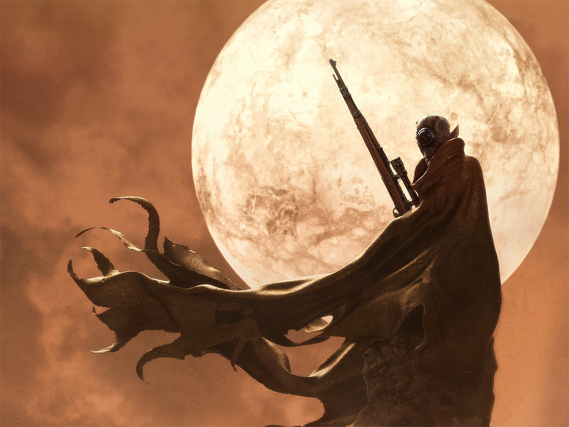 1080P, sniper, sniper rifle, rifle, fantasy, digital art, x, hd, fantasy art, desert, px, entertainment, digital, music, Futuristic, art, Hunter, Moon, HD Wallpaper