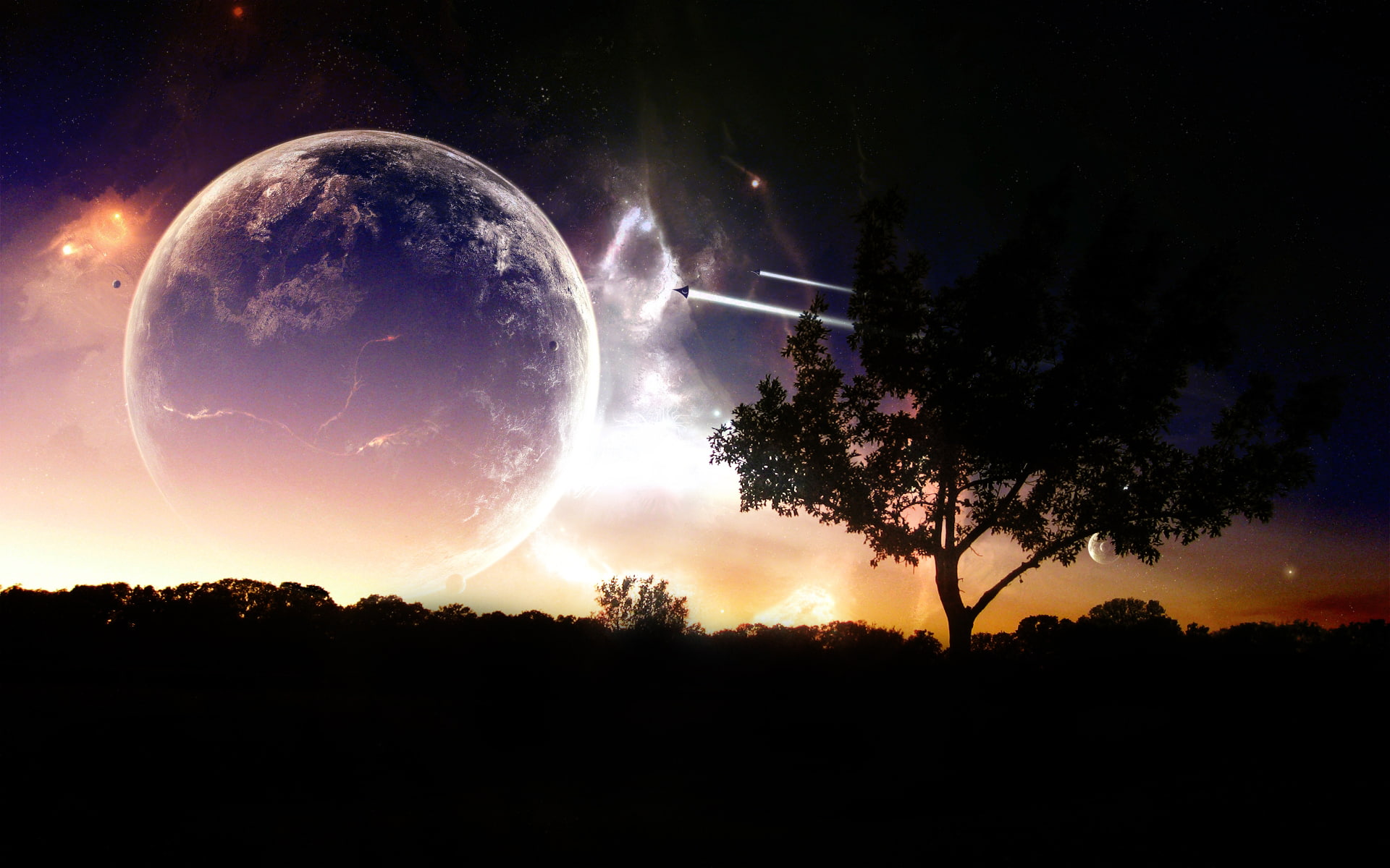 voyage, 1080P, photo, silhouette, digital, universe, digital universe, tree, hd, HD Wallpaper