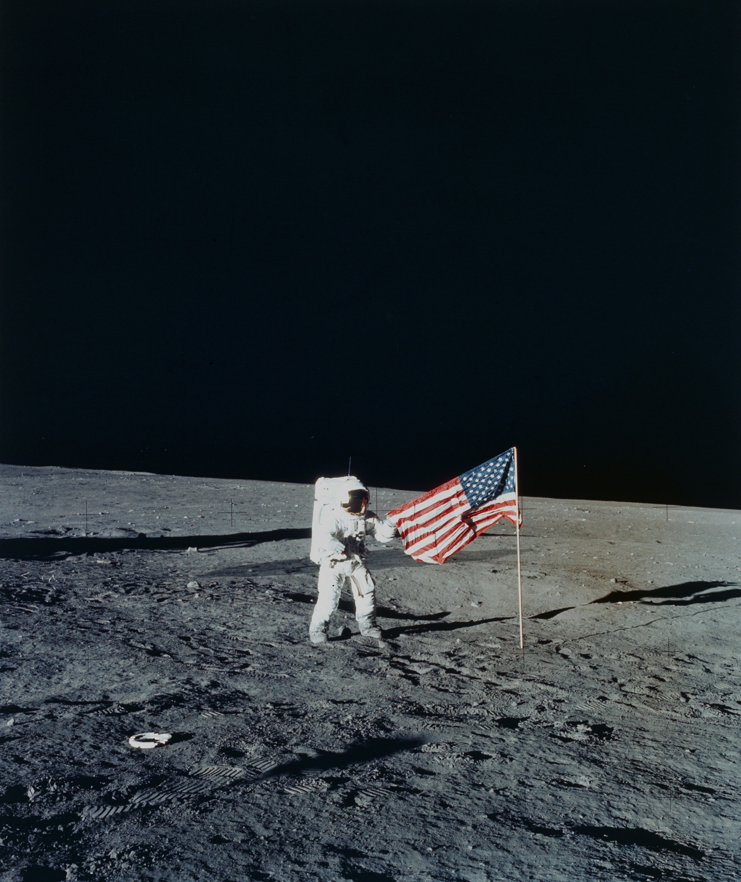 snow, astronaut, independence, winter, nature, 2K, outdoors, patriotism, Moon, flag, sky, environment, Apollo, striped, copy space, cold temperature, one person, Phone HD Wallpaper
