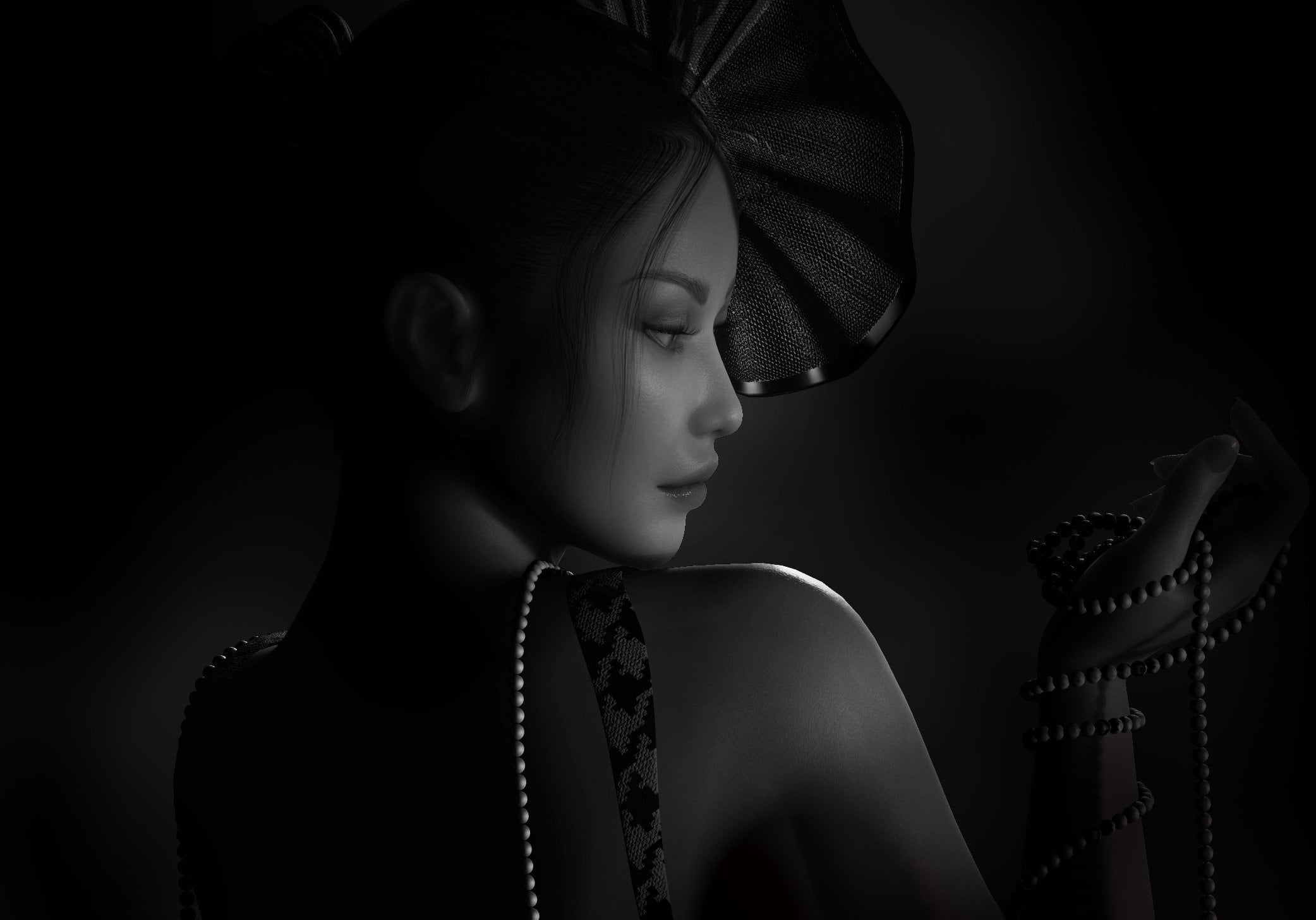 beauty, photography, accessory, jewelry, hat, look, clothing, black background, holding, one person, women, beaded, 1080P, dark, hairstyle, profile, studio shot, HD Wallpaper