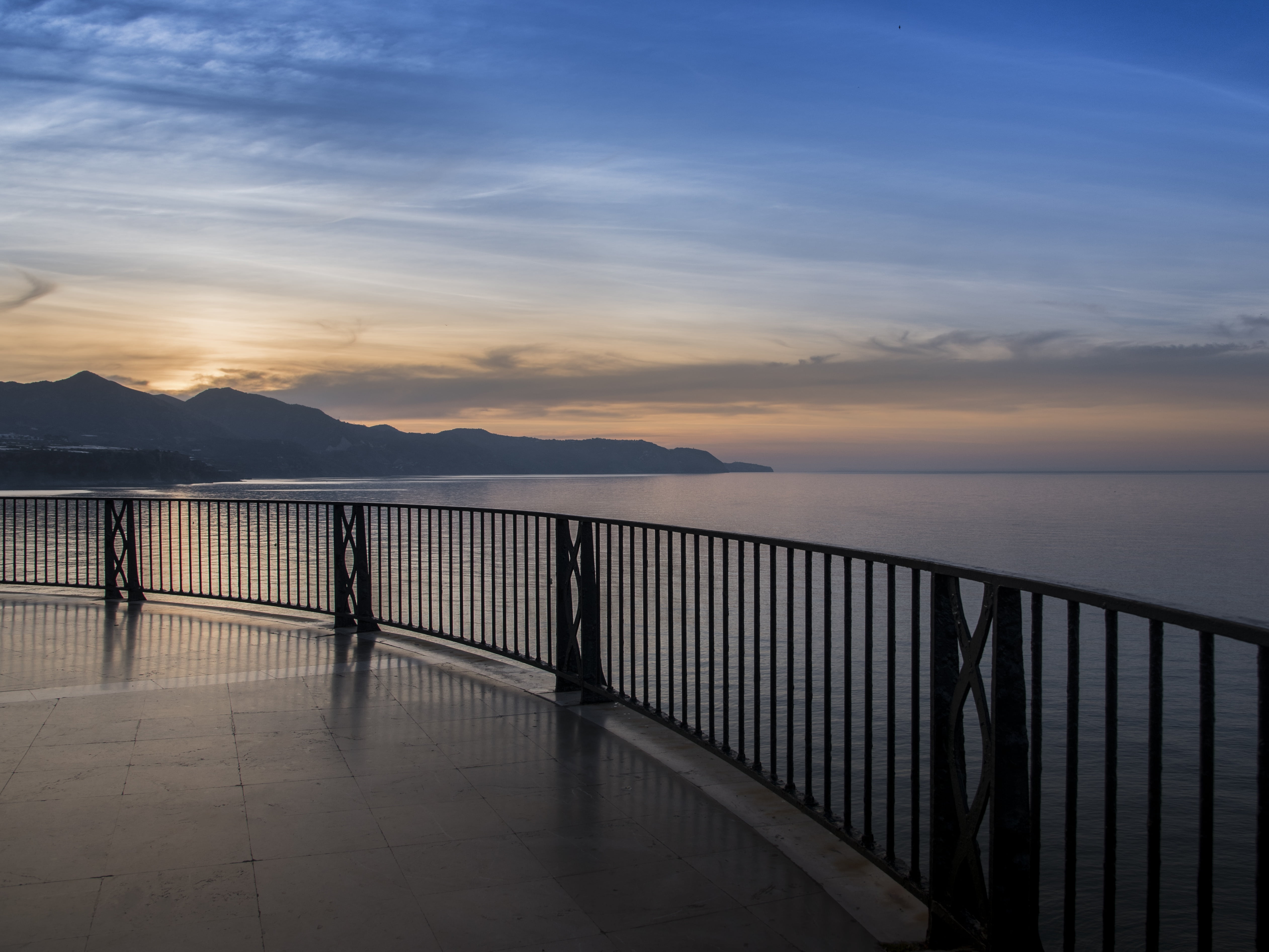 beach, tranquility, no people, 4K, non-urban scene, idyllic, serenity, mountain range, nerja, beauty in nature, orange color, scenics - nature, dawn, railing, HD Wallpaper