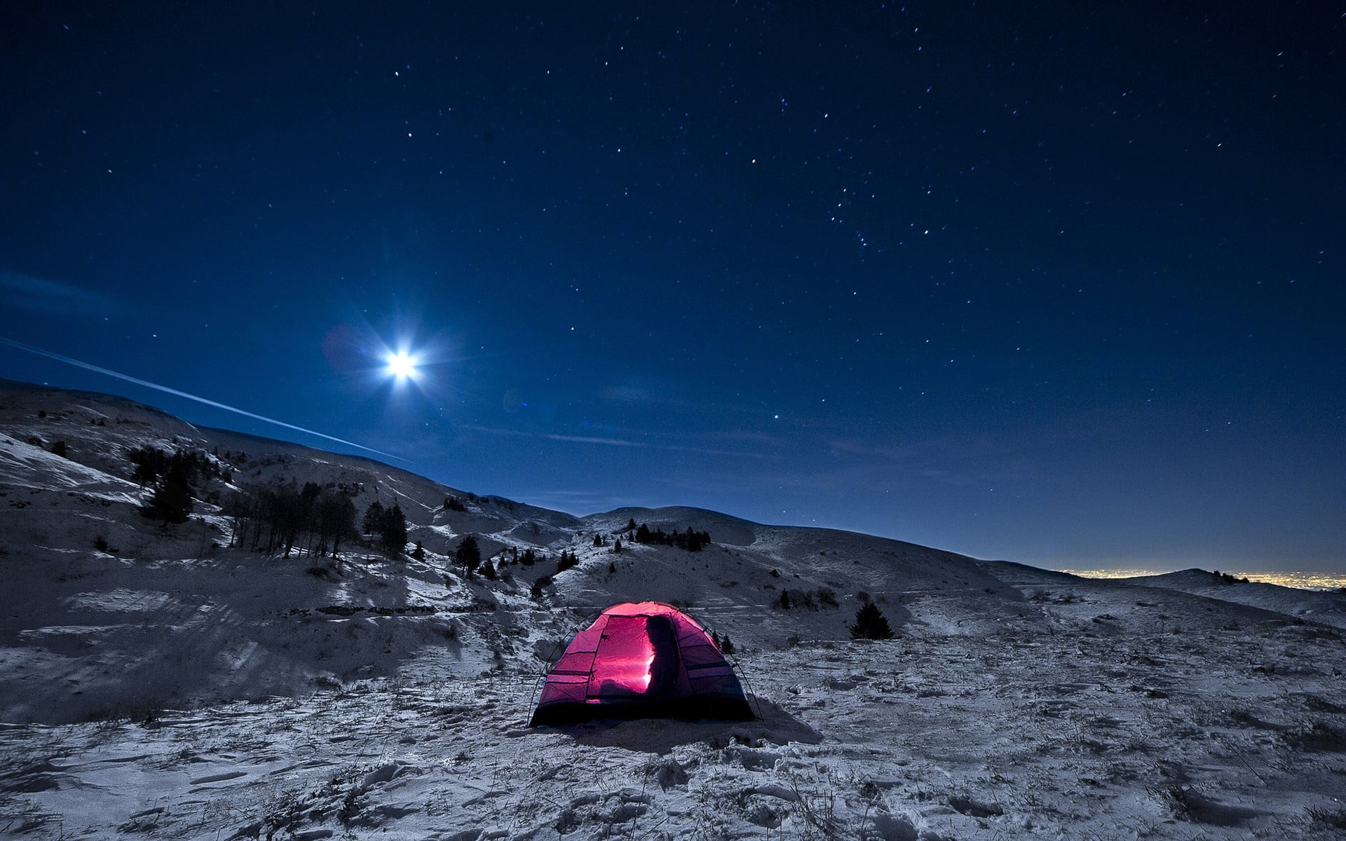 mountain, night, blue, astronomy, snow, adventure, illuminated, tent, tranquil scene, tranquility, winter, 1080P, nature, outdoors, beauty in nature, scenics - nature, HD Wallpaper