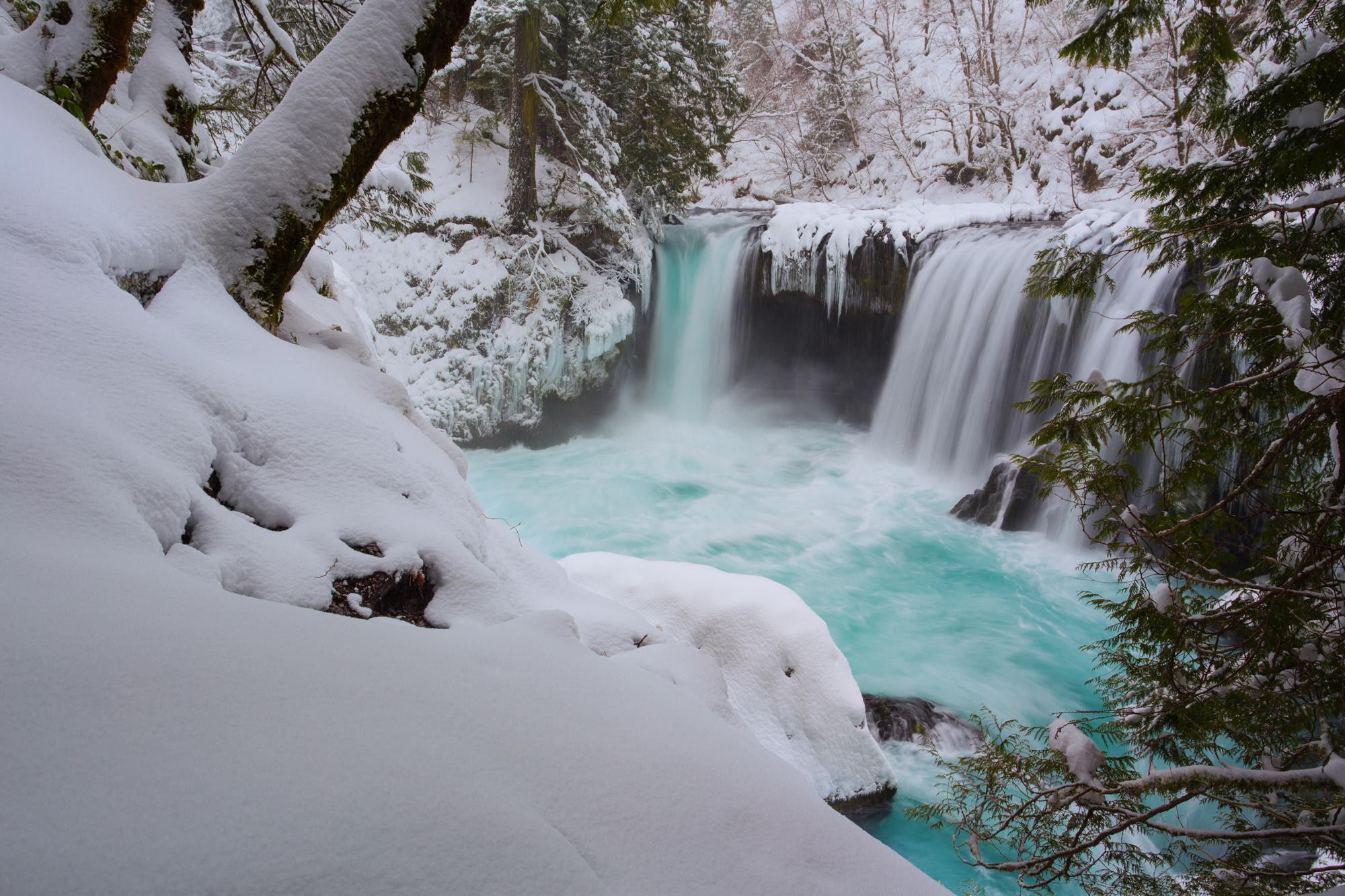 cyan, waterfall, snow, winter, river, tent, 1080P, HD Wallpaper