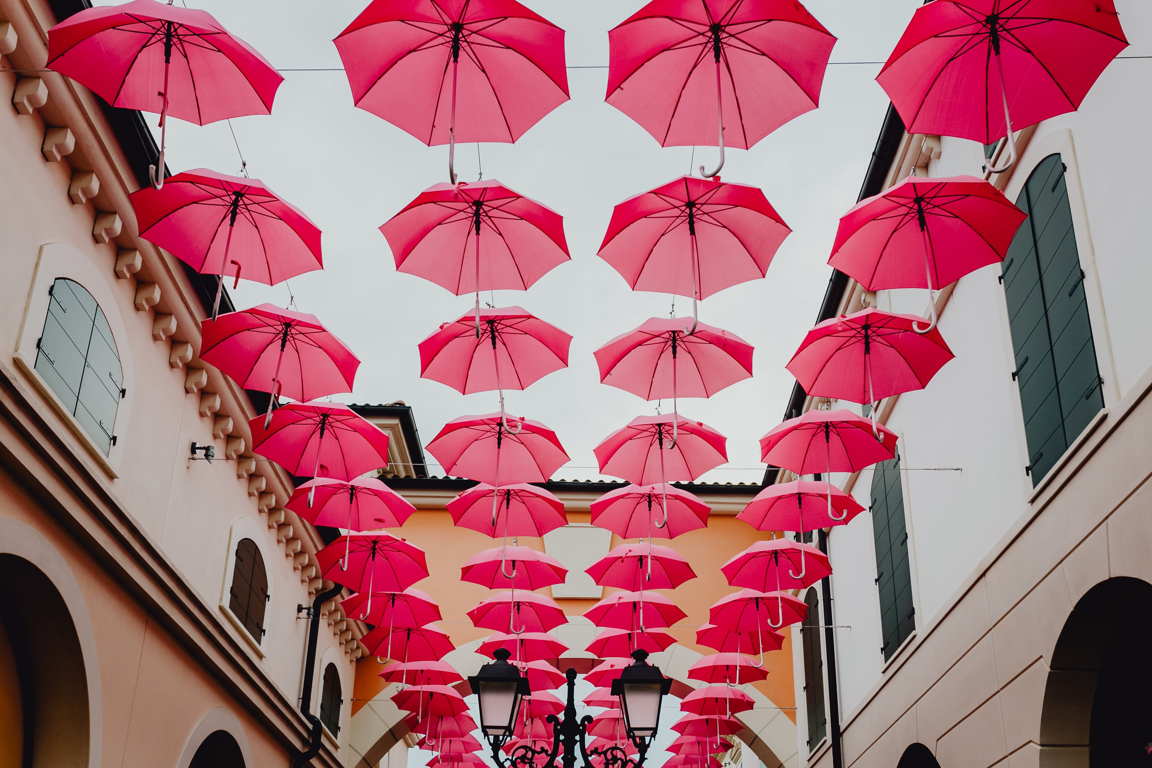 buildings, lighting equipment, pink color, security, noventa di piave, building exterior, protection, chinese lantern, umbrella, no people, chinese new year, HD Wallpaper