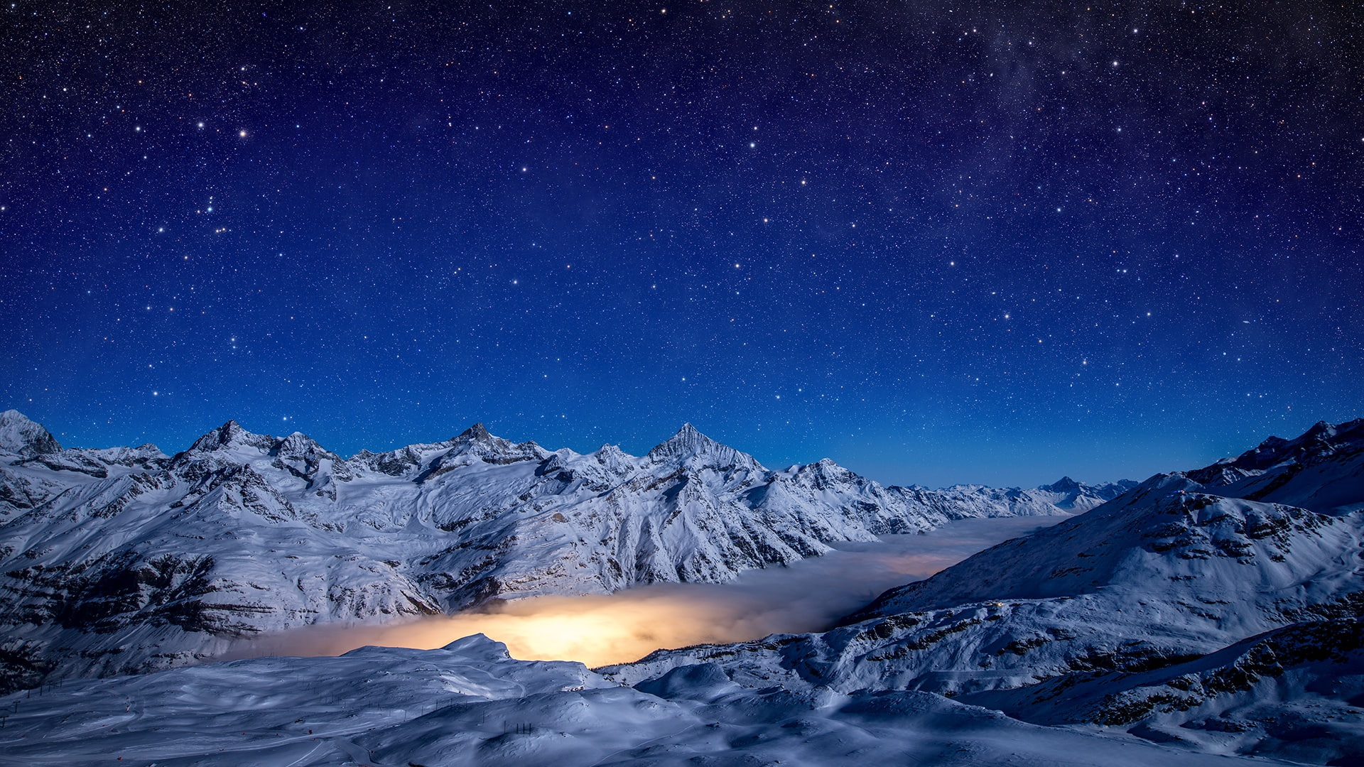 snow, Zermatt. Switzerland, lagoon nebula, sky, 1080P, light, stars, Pennine Alps, Gorner Glacier, night, winter, Gornergrad, HD Wallpaper
