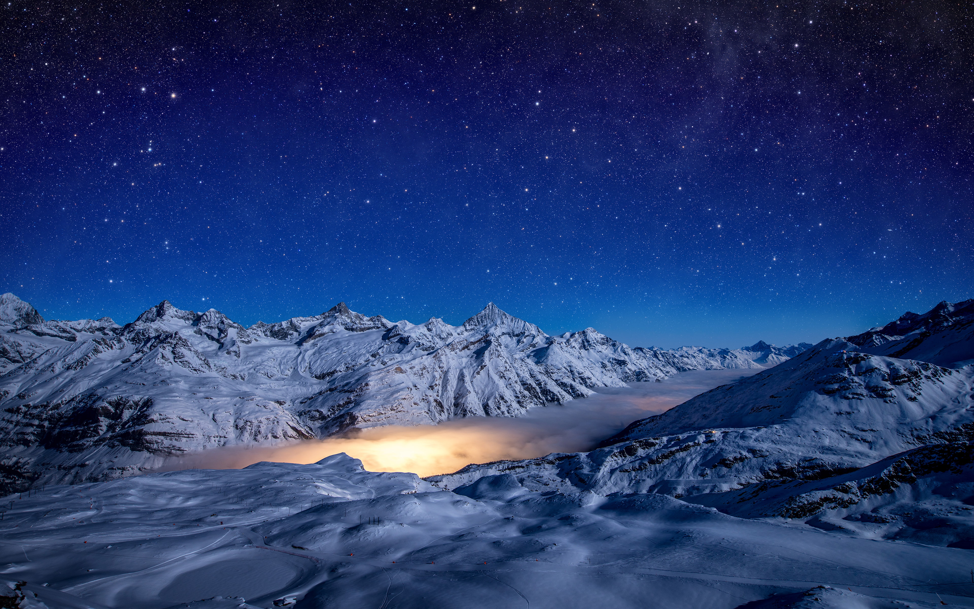 beauty in nature, switzerland, mountain range, illuminated, 4K, winter, sky, mountain peak, nature, tranquil scene, space, landscape, astronomy, snow, HD Wallpaper