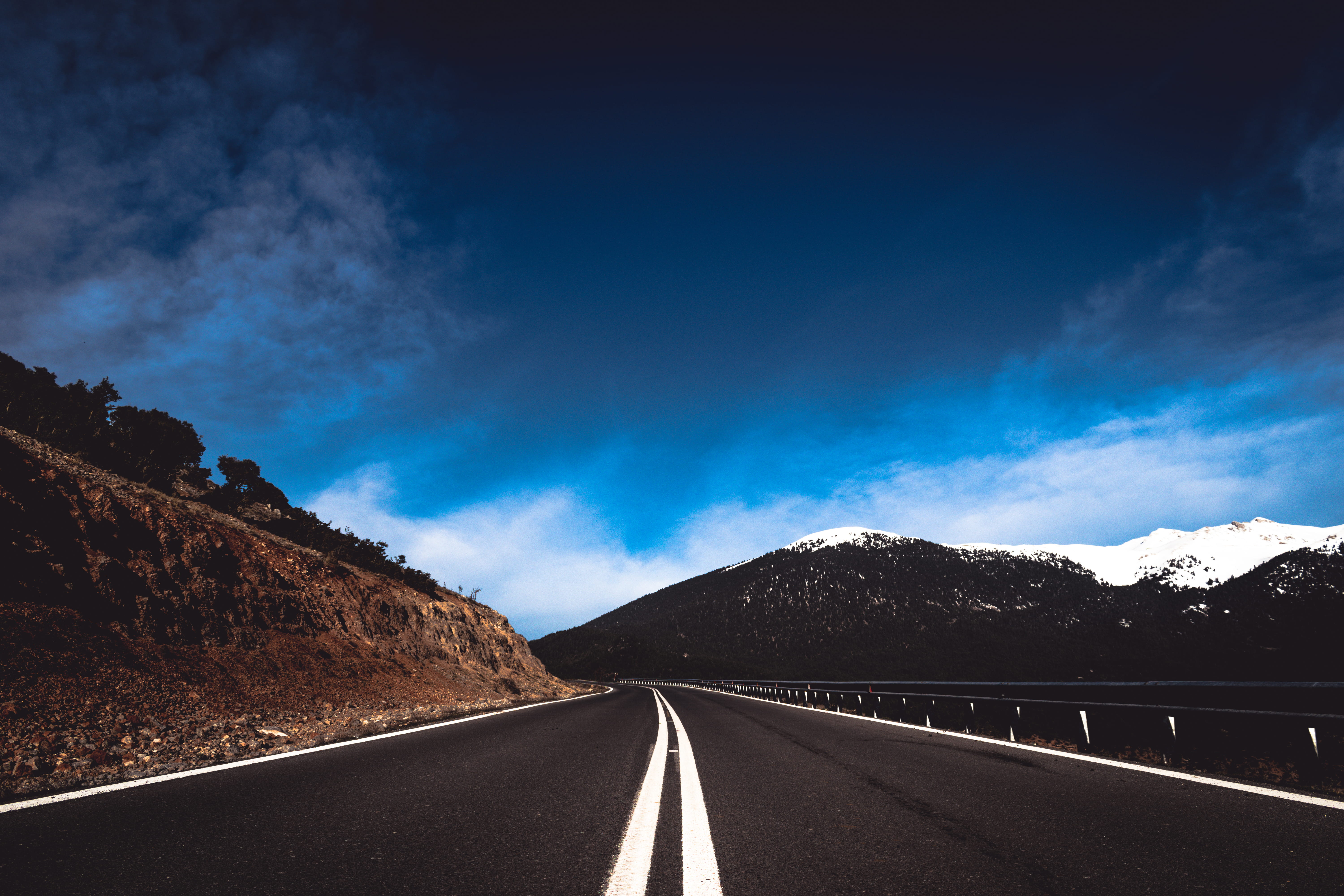 diminishing perspective, blue, no People, symbol, scenics, scenics - nature, 5K, journey, marking, direction, dividing Line, transportation, landscape, HD Wallpaper