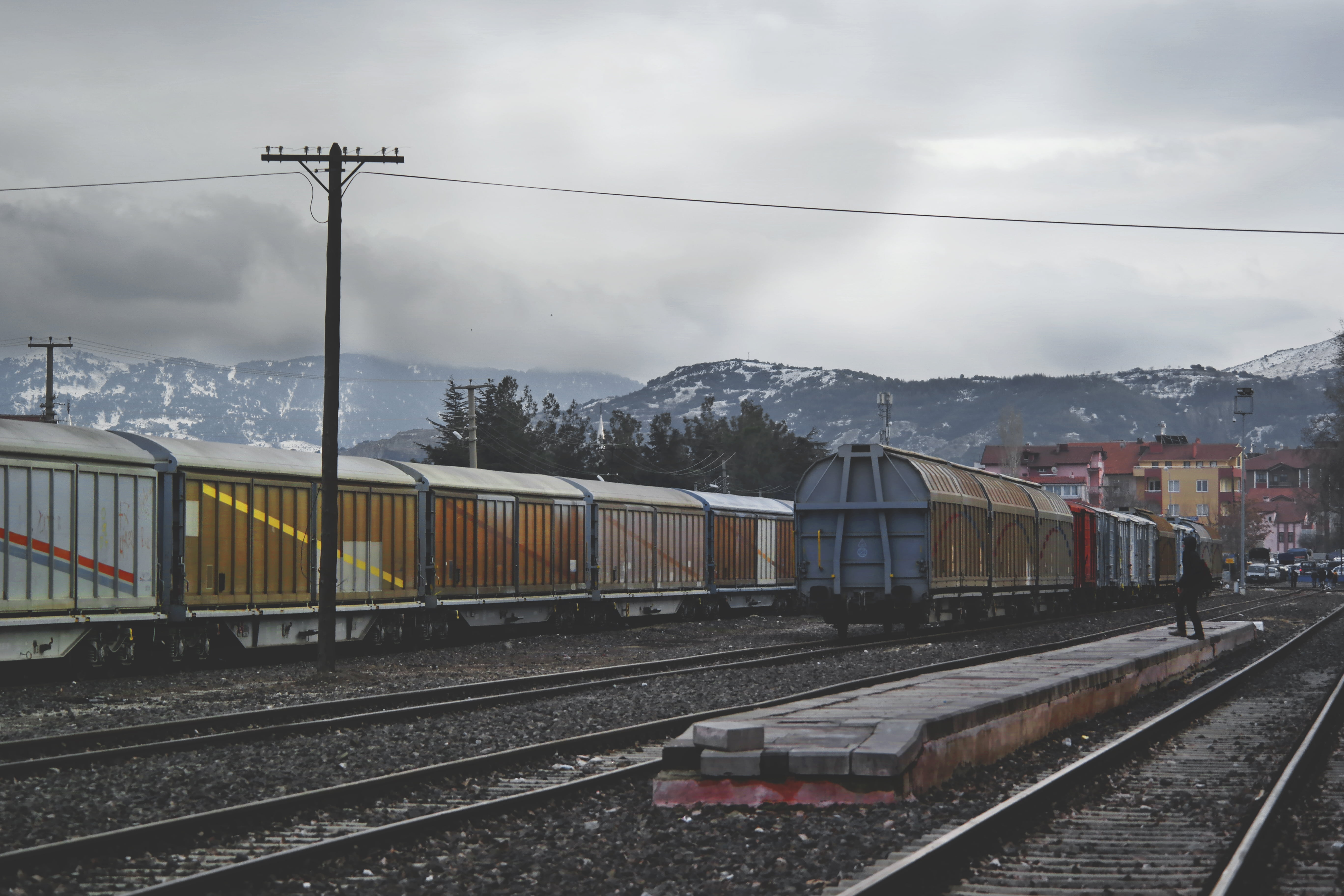 no people, station, train - vehicle, tree, cloud - sky, public transportation, people, railroad station platform, train, plant, landscape, grey, trip, mountain, HD Wallpaper