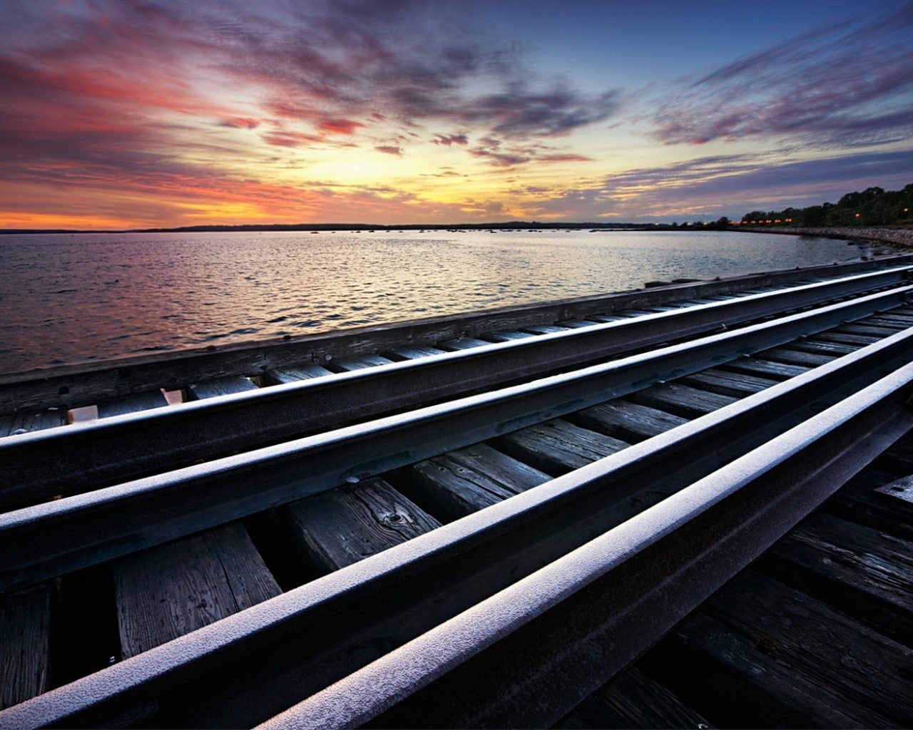 nature, scenics - nature, water, tranquil scene, no people, tranquility, sunset, rail transportation, Rails, railing, Evening, outdoors, beach, transportation, HD Wallpaper