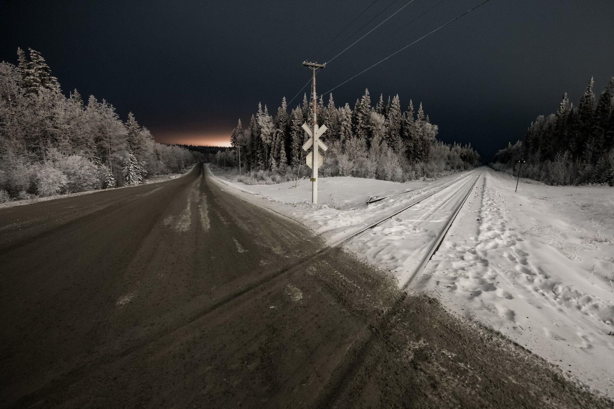 night, 1080P, Railway Crossing, road, snow, landscape, Trees, HD Wallpaper