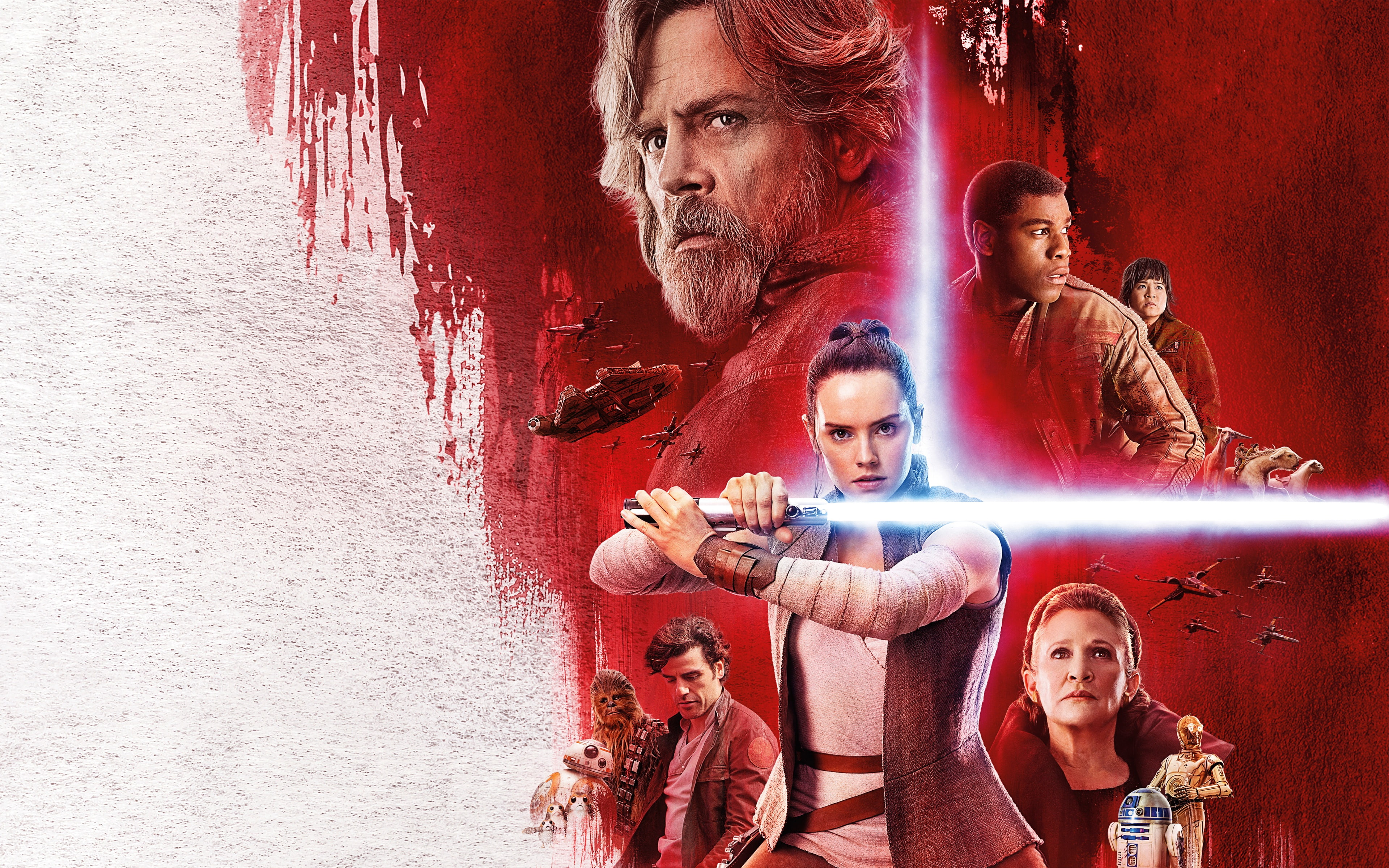 lightsabers, Oscar Isaac, poster, fiction, 4K, Daisy Ridley, John Boyega, robots, spaceships, Mark Hamill, Carrie Fisher, collage, red, Star Wars: The Last Jedi, HD Wallpaper