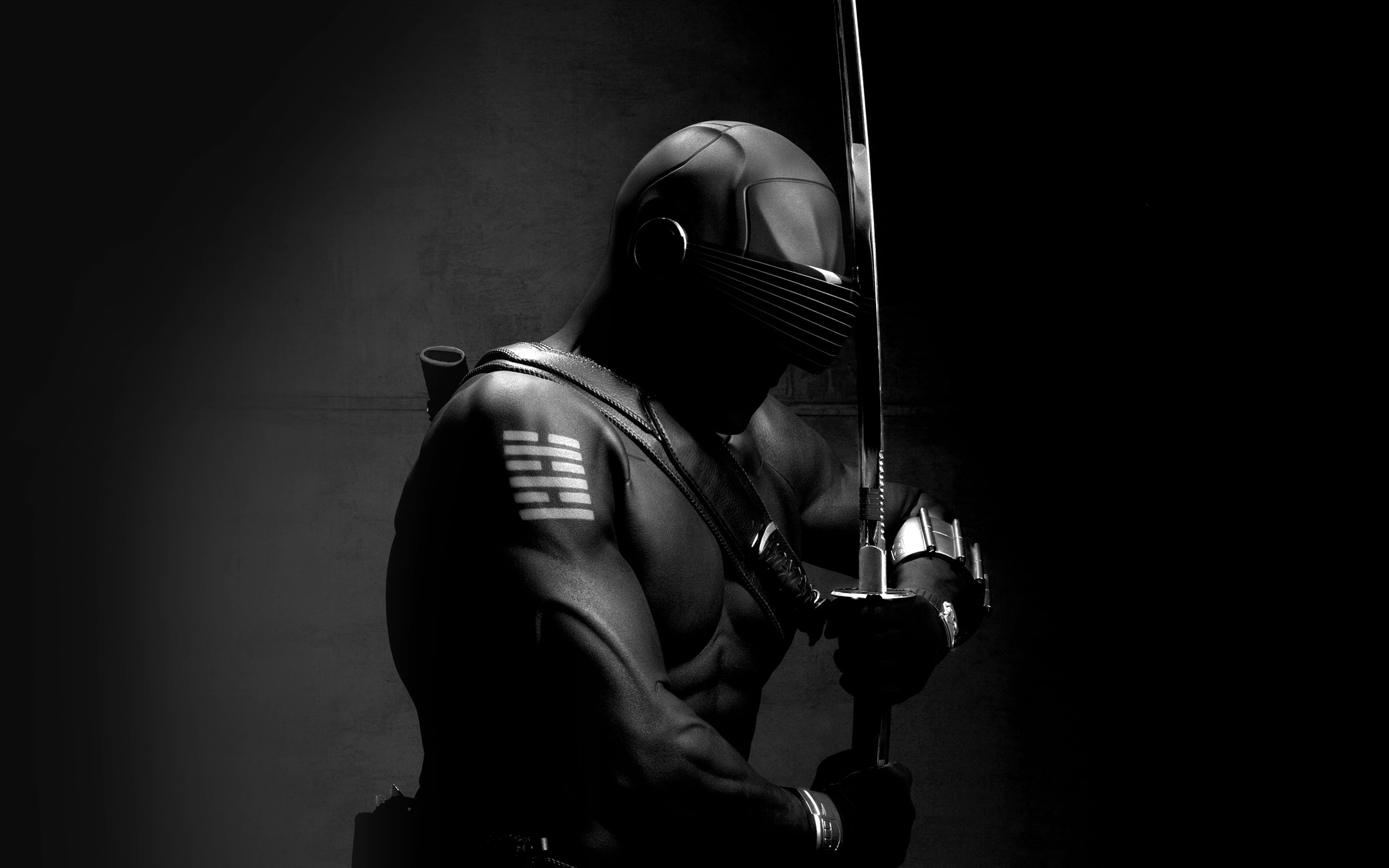 shirtless, real people, sign, indoors, art, sword, black background, dark, gas mask, illuminated, security, standing, silver, holding, one person, wall - building feature, HD Wallpaper